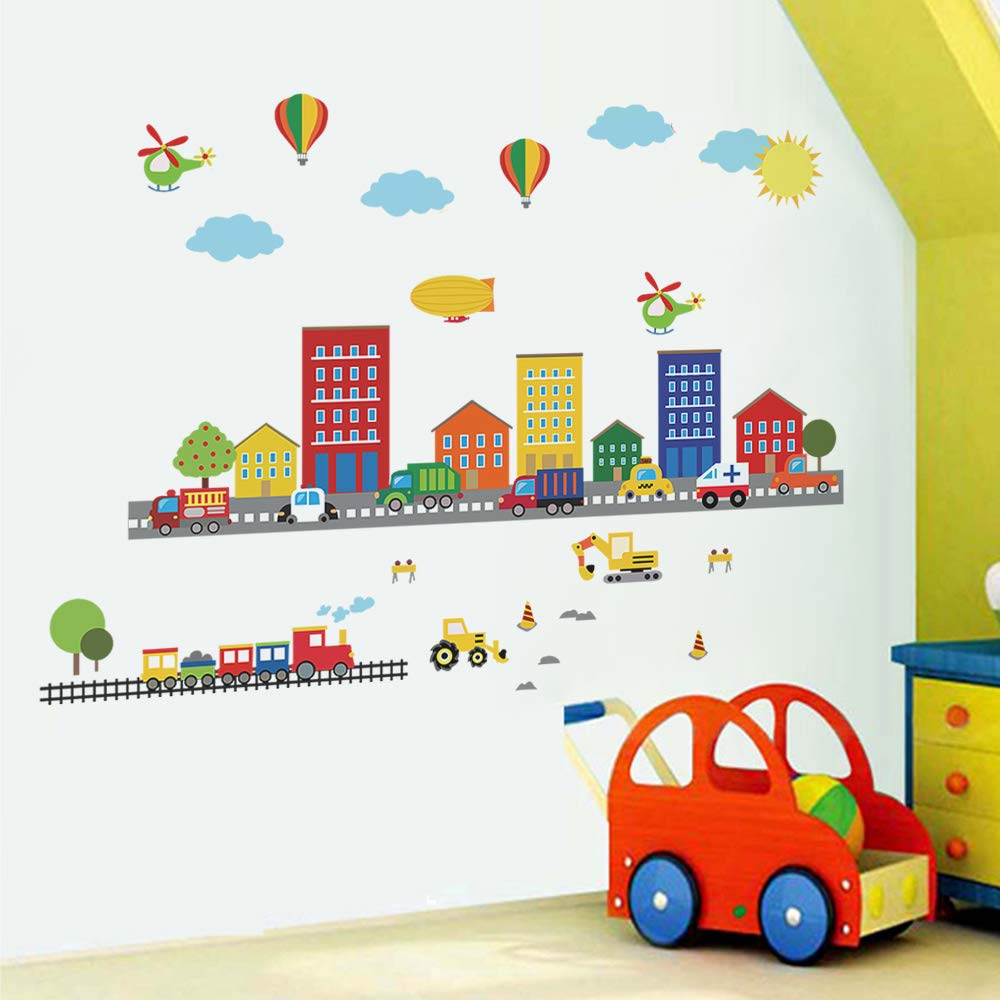 Runtoo Construction Vehicles Wall Decals - Train, Car & Plane Stickers for Kids Room Decor, Nursery & Boys Bedroom - Perfect for Playrooms, Daycare Centers & Toddler Bedroom Themes