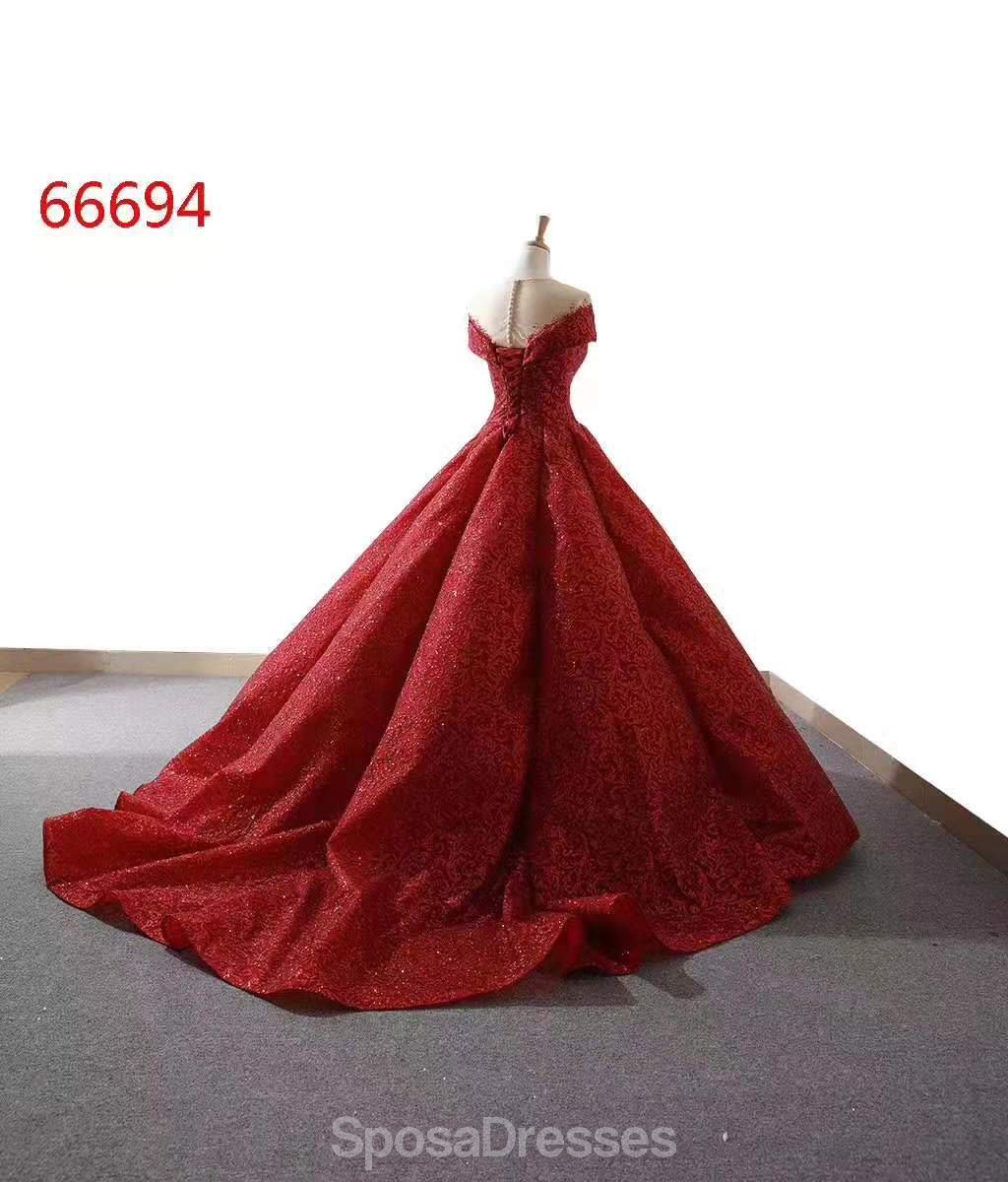 Elegant Dark Red Jewel Neckline Off Shoulder Ball Gown Long Evening Prom Dress for Women - Formal Party, Homecoming, Wedding Guest, Special Occasions