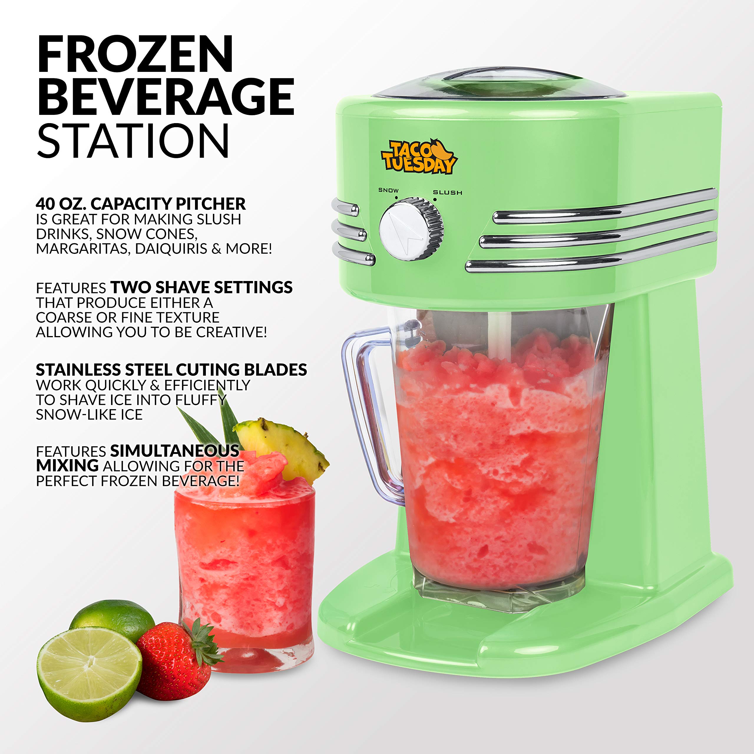 Nostalgia Taco Tuesday Frozen Drink Maker & Margarita Machine - 40oz Slushy Maker with Stainless Steel Spout - Double Insulated, Easy Clean - Lime Green - Perfect for Home Parties, BBQs & Summer Gatherings