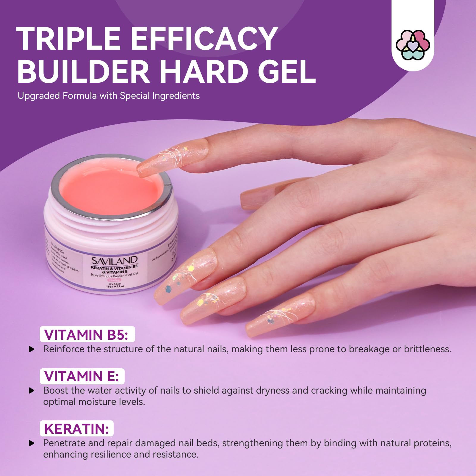 SAVILAND 3Pcs Hard Gel Nail Set - VE, VB5 & Kerain for Home Salon DIY