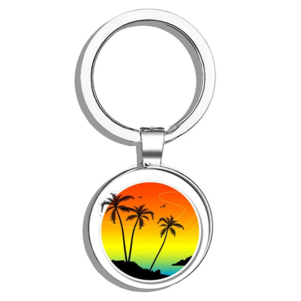 Tropical Sunset Vacation Palm Trees Metal Keychain - Durable Round Key Ring for Beach Lovers, Travel Accessories, Gift Ideas | Perfect for Keys, Bags, and Summer Vacation Essentials