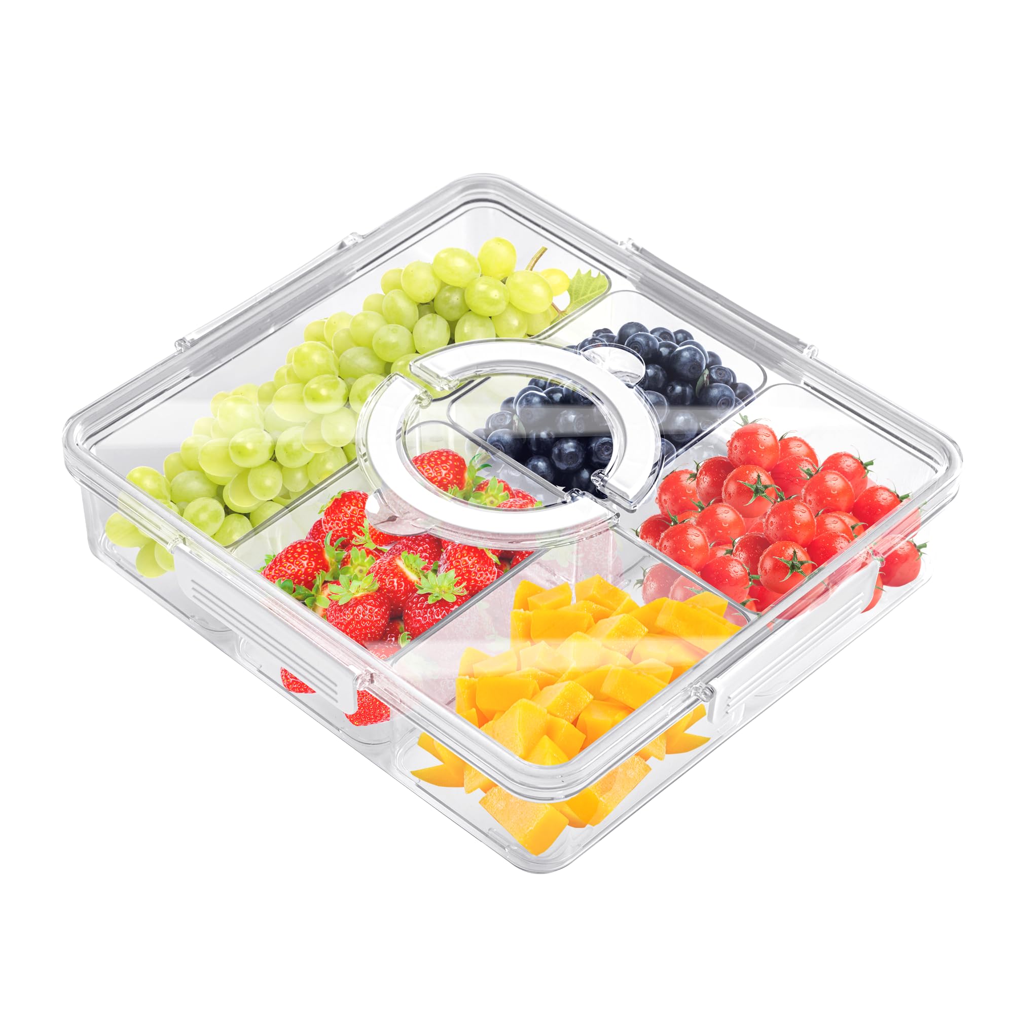 Eanpet 5-Compartment Divided Veggie Tray with Lid & Handle - Stackable Portable Snack Containers for Fruits, Vegetables, Salad & Charcuterie | Perfect for Travel, Picnics, Office Lunch & Party Serving