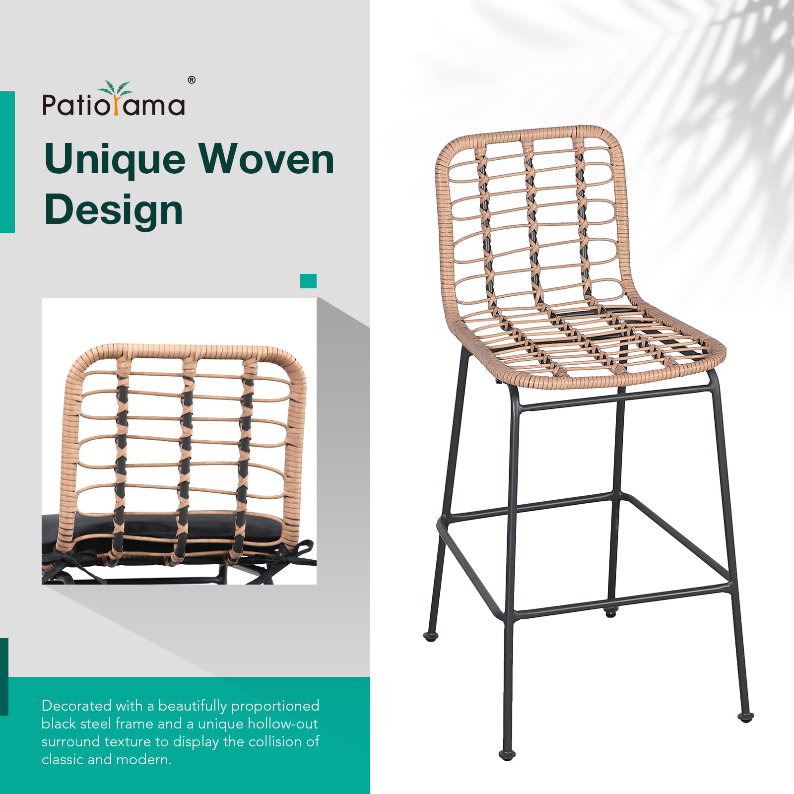 **Patiorama Outdoor Bar Stools Set of 2 – Counter Height Rattan Bar Chairs with Footrest, Hand-Woven Armless Design – Beige & Black Cushion – Perfect for Garden, Pool, Patio, Kitchen, Cafe, and Indoor Use**