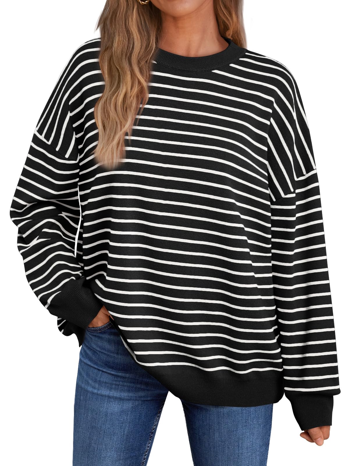 LILLUSORY Women's Oversized Striped Knit Sweater - Lightweight Long Sleeve Crewneck Pullover for Fall & Winter 2025 | Casual Comfort, Layering Essential, Office Wear & Weekend Outfits
