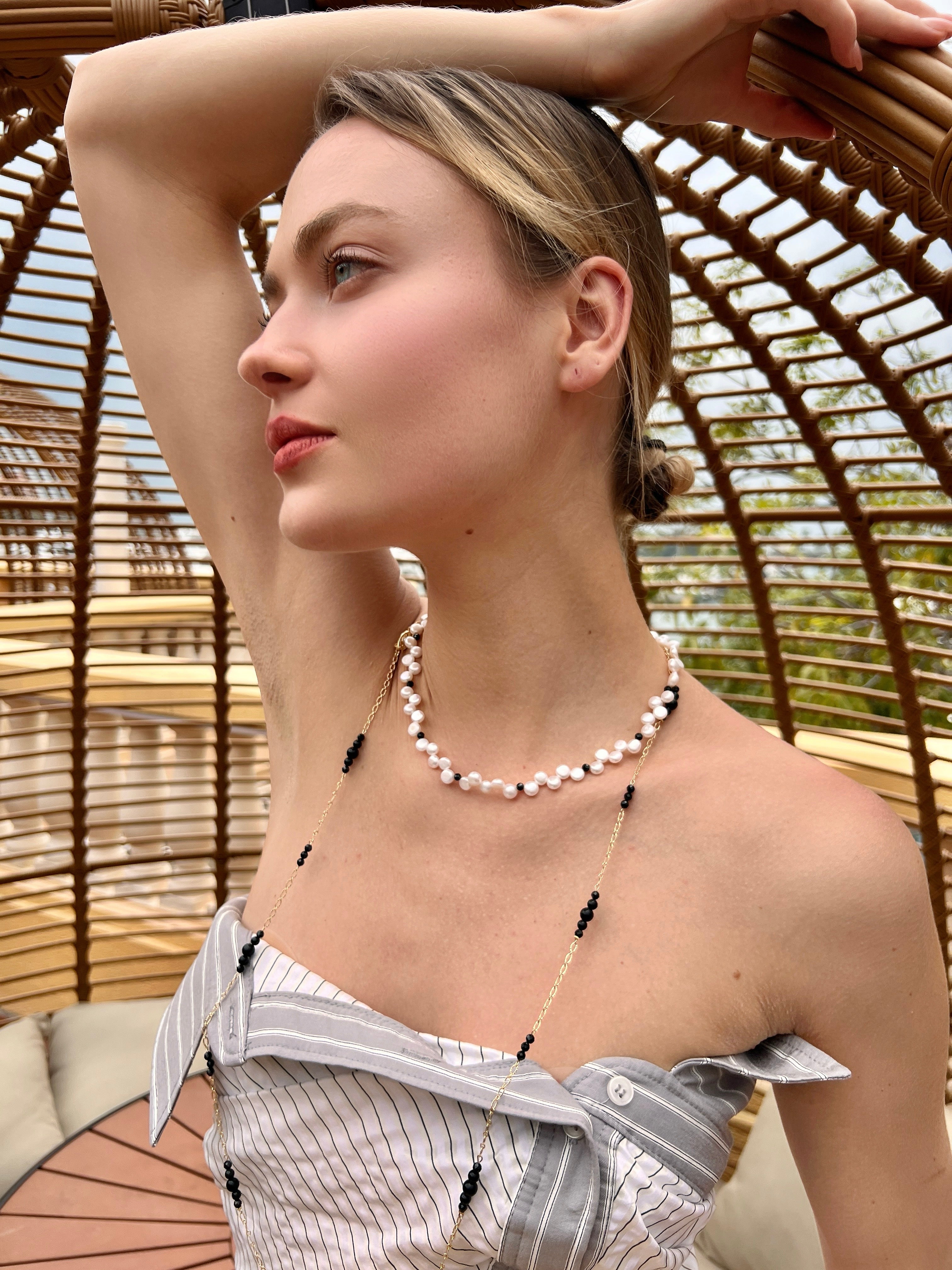 Elegant Black Gemstone & Flower Petal Pearl Necklace LN068 - Perfect for Weddings, Parties & Evening Events