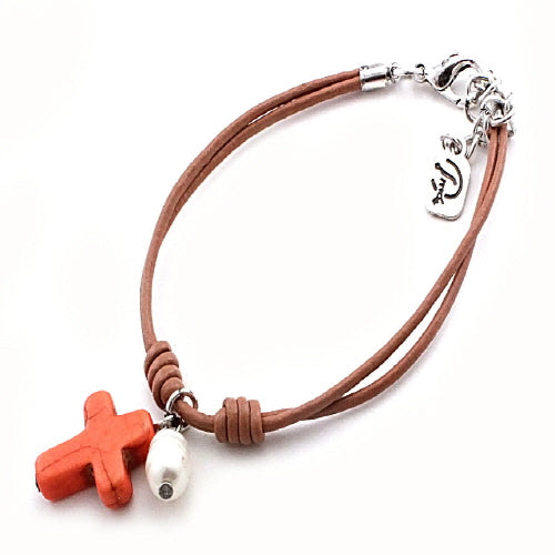 Elegant Cross & Pearl Bracelet in Orange - Perfect for Women's Fashion, Gift Giving, and Special Occasions