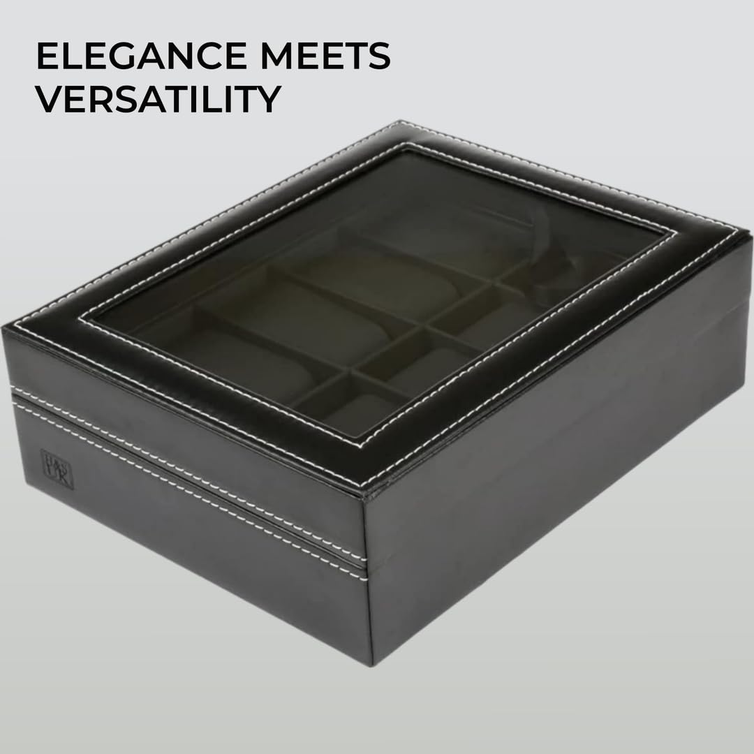 Premium Black Faux Leather Watch Box Organizer for Men & Women - Velvet Lined Display Case Holds 10 Watches - Perfect for Travel, Gift & Jewelry Storage