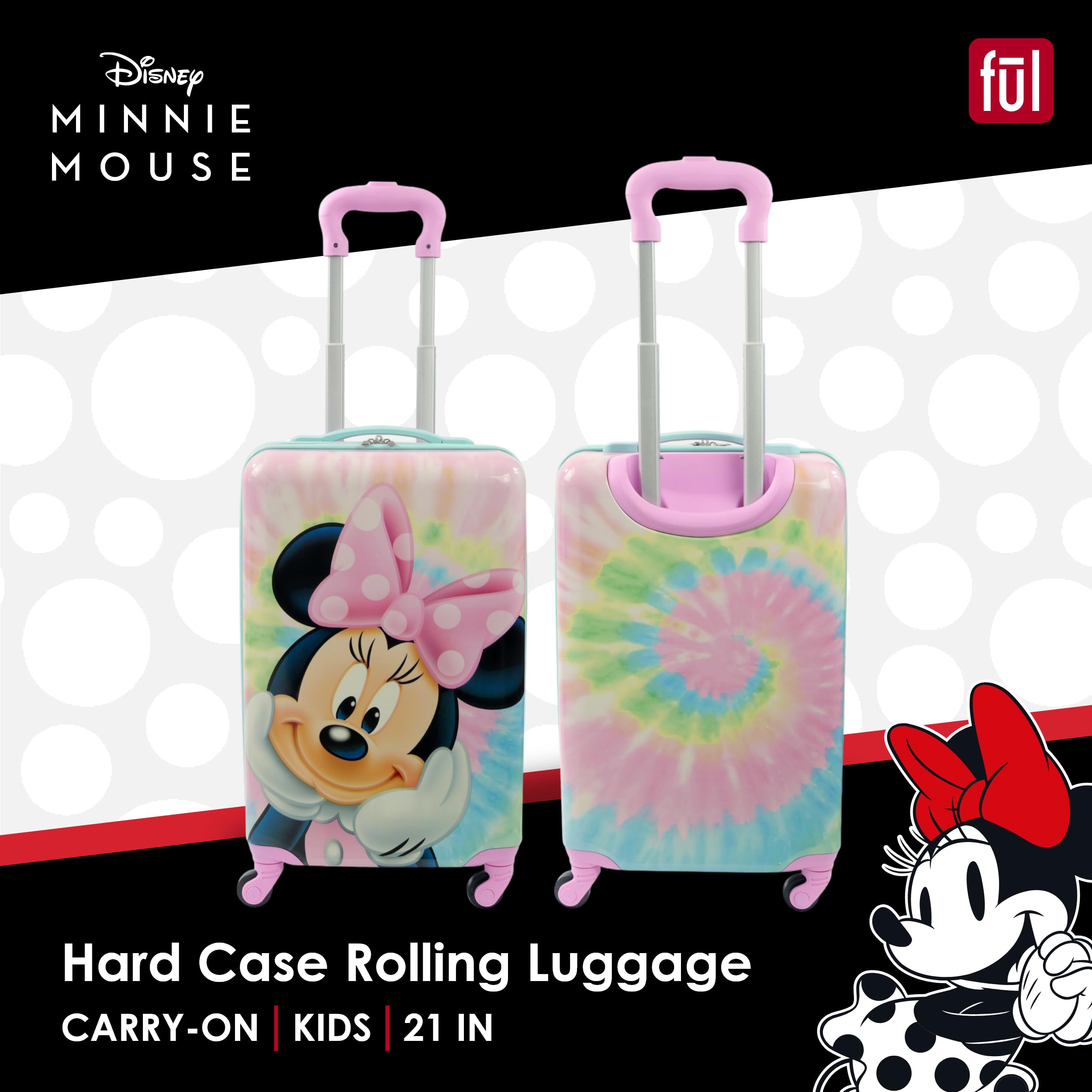 Disney Minnie Mouse 21 Inch Kids Carry On Luggage - Tie Dye Hardshell Spinner Suitcase with 360° Wheels for Girls Travel, School Trips & Sleepovers | Official Disney Licensed Product
