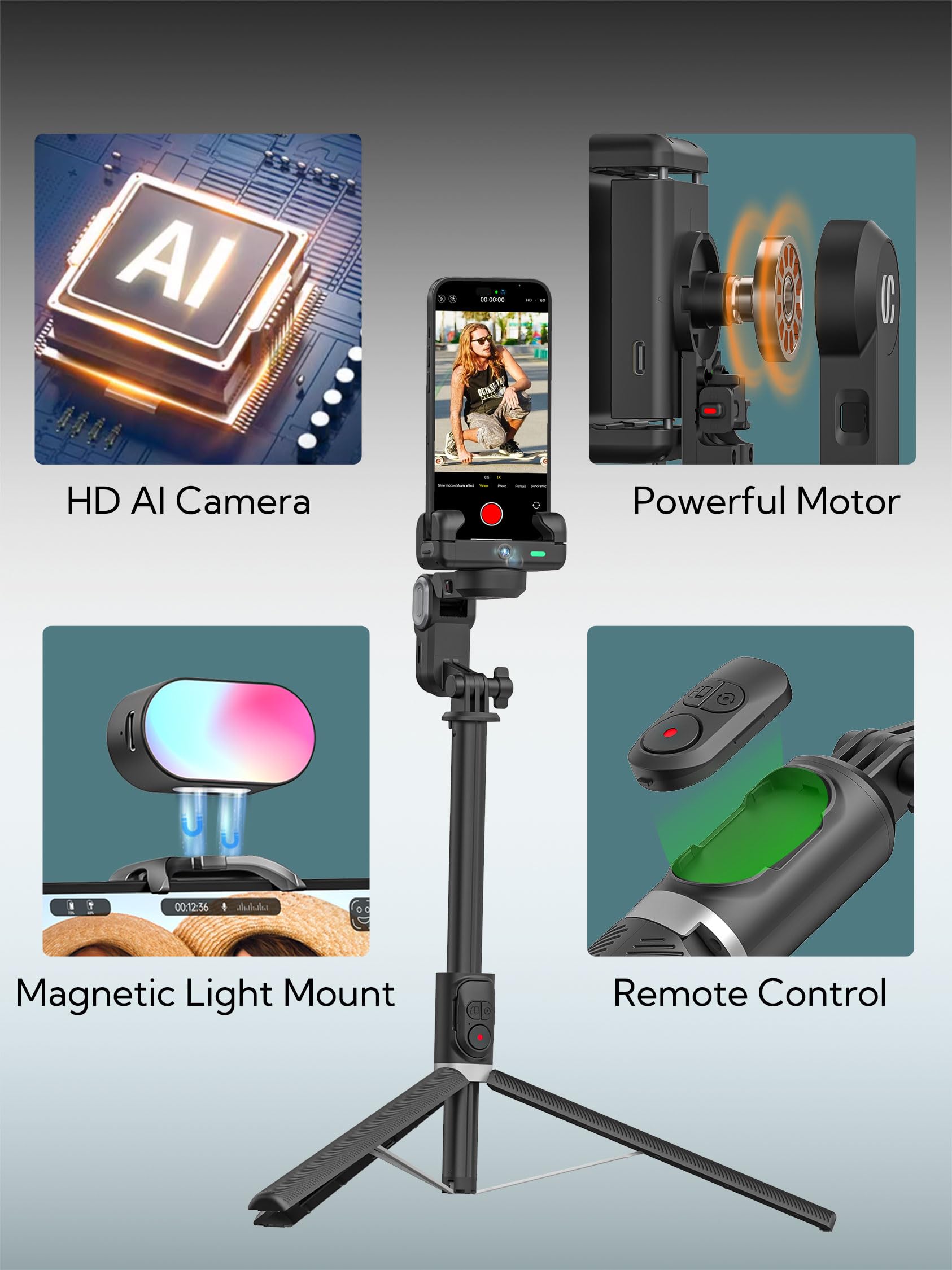 Auto Face Tracking Tripod Stand with 360° Rotation & RGB Light - Smartphone Tripod for iPhone/Android, Remote Control for YouTube/TikTok Vlogging, Perfect for Live Streaming, Video Recording & Selfies (M2Pro Black)