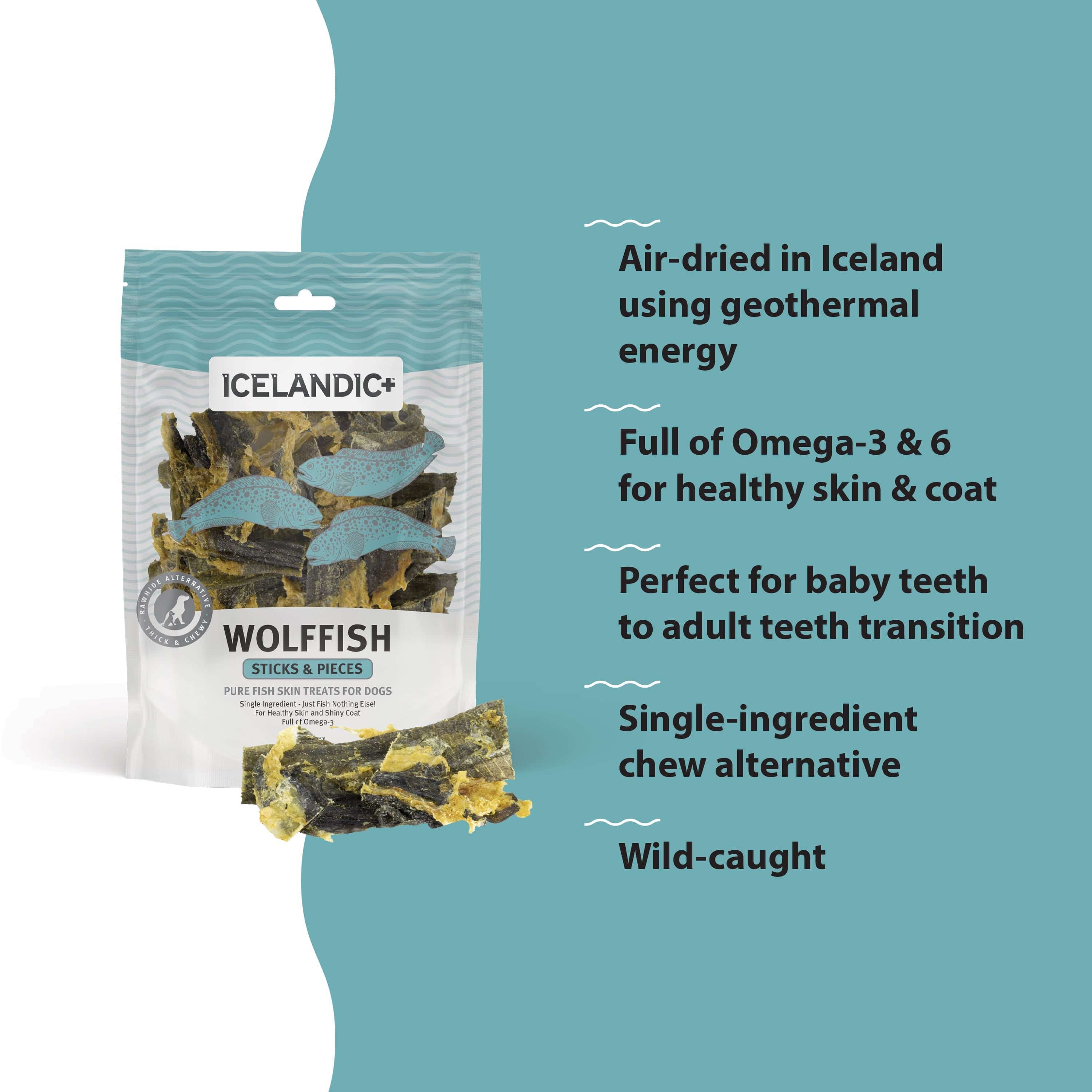 Premium Icelandic Wolffish Skin Sticks & Pieces - All-Natural Dog Chews for Dental Health | High-Protein Training Treats | Perfect for Aggressive Chewers & Puppy Teething Relief