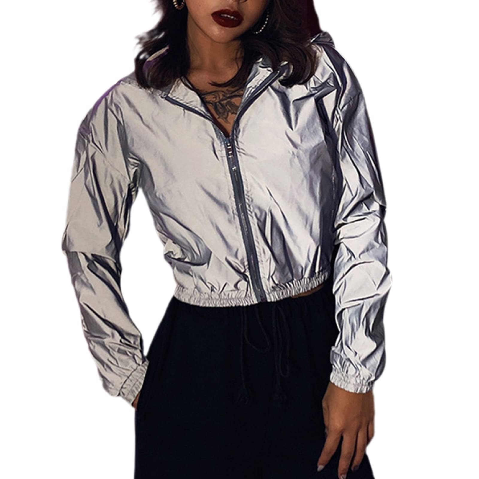 Shiny Long Sleeve Crop Jacket for Women - Metallic Holographic Coat with Retro Hip Hop Style - Perfect for Rave Parties, Concerts, and Streetwear Fashion