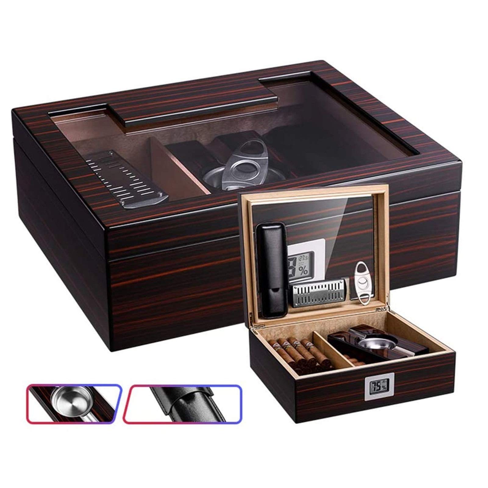 Premium TSWEET Desktop Cigar Humidor - Cedar & Leather Cigar Storage Box with Air-Tight Seal, Glass Hygrometer & Rectangle Humidifier - Holds 25-50 Cigars - Perfect for Home, Office or Gifts for Cigar Enthusiasts