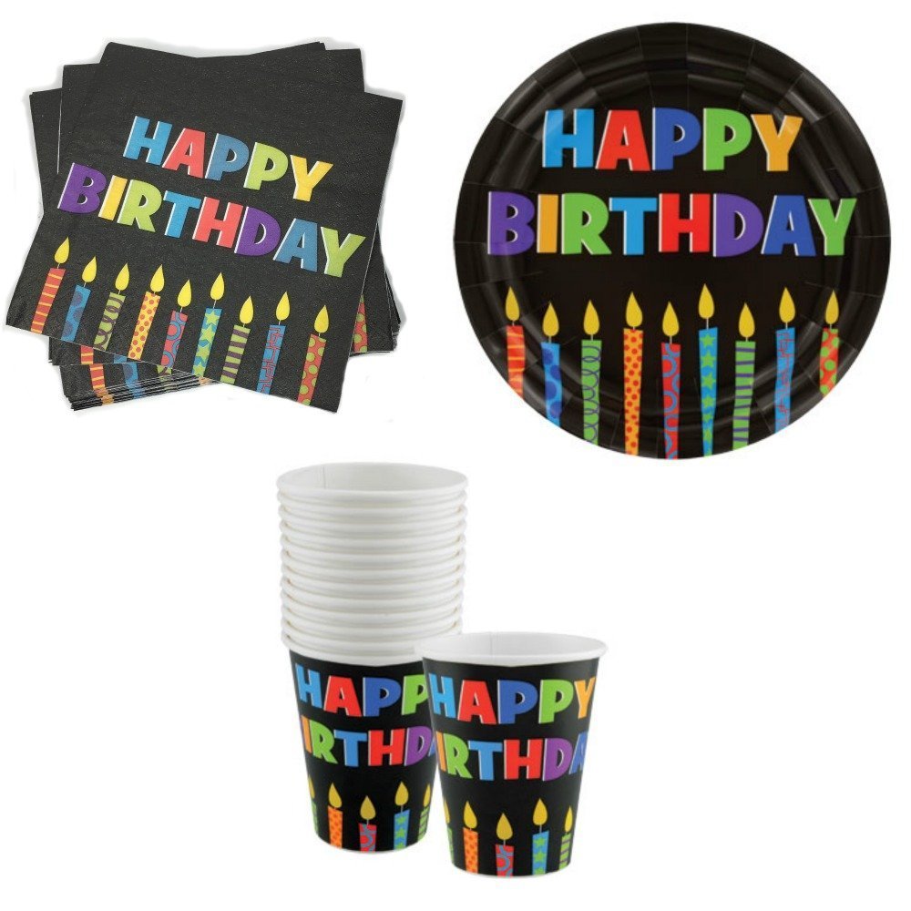 Happy Birthday Party Supplies Set - 18 Paper Plates, 20 Luncheon Napkins & 9oz Cups with Circle Design - Perfect for Birthday Celebrations, Baby Showers & Family Gatherings