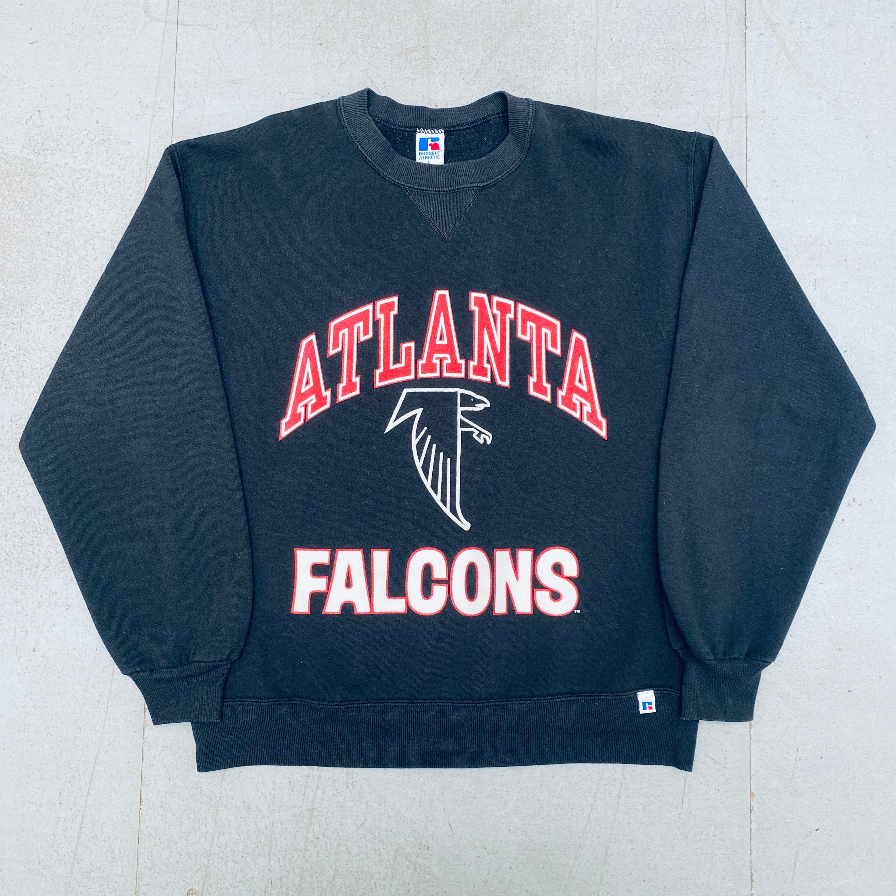 Vintage 1990s Atlanta Falcons Russell Athletic Graphic Spellout Sweatshirt (Medium/Large) - Perfect for NFL Game Day & Retro Sports Fashion
