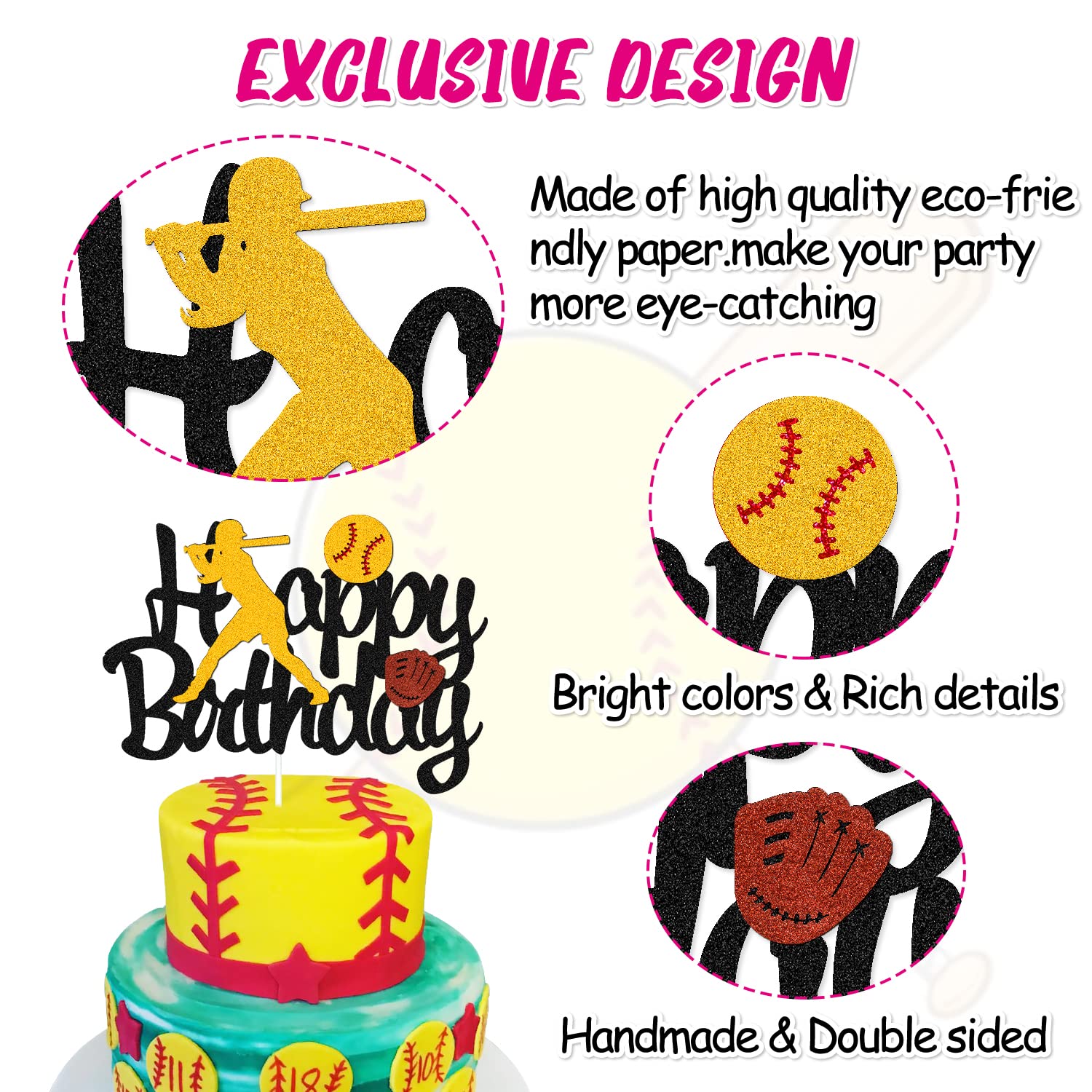 46 Pcs Softball Cupcake Toppers - Fastpitch Pitcher Baseball Sports Theme Decorations for Girls & Boys Birthday Parties - Perfect for Cake, Cupcake, and Dessert Decorations at Sports-Themed Celebrations