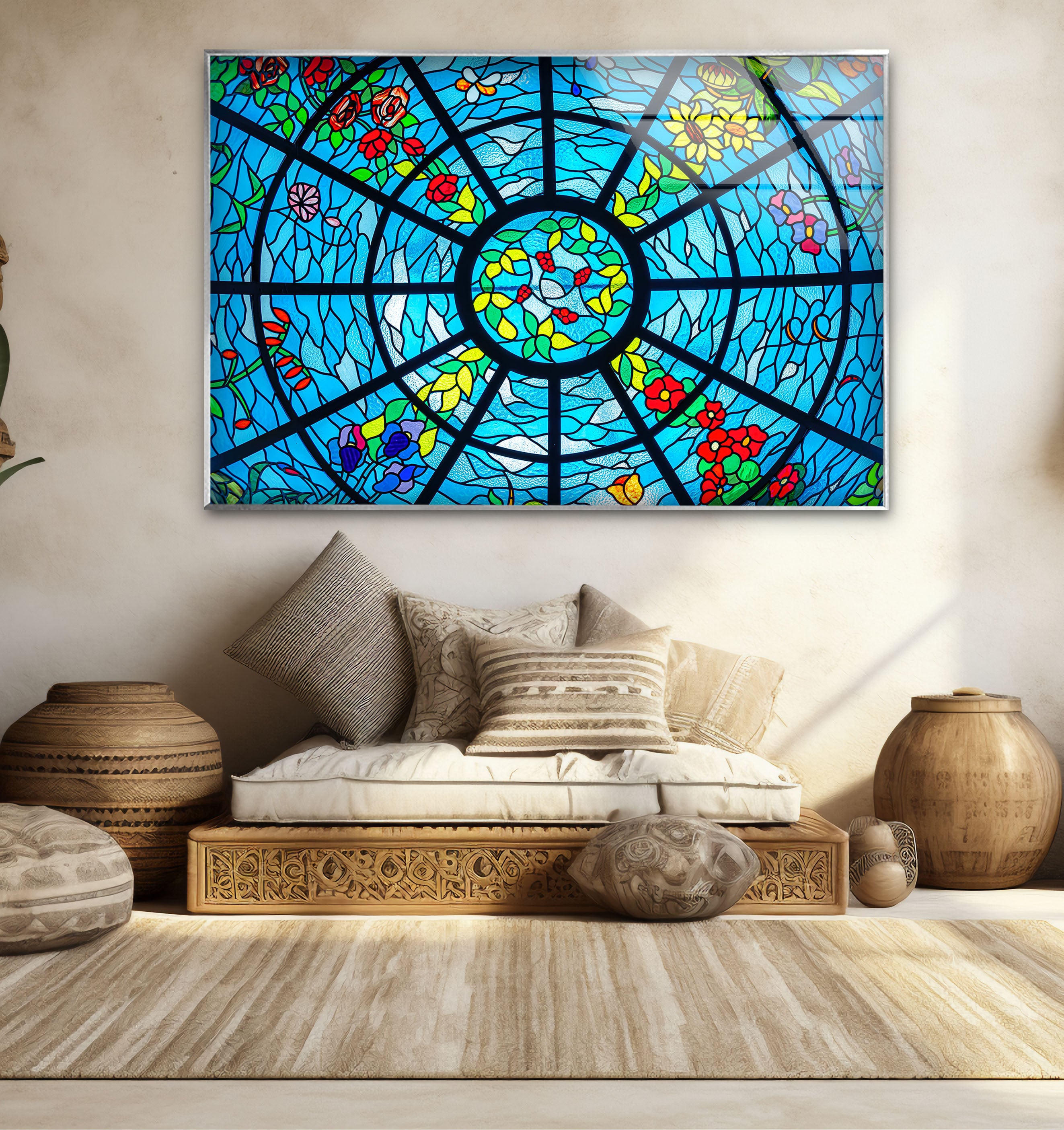Blue Stained Glass Wall Art - Vibrant Floral & Ocean Window Design for Home & Office Decor | Perfect for Living Room, Bedroom, or Office Wall Decorations