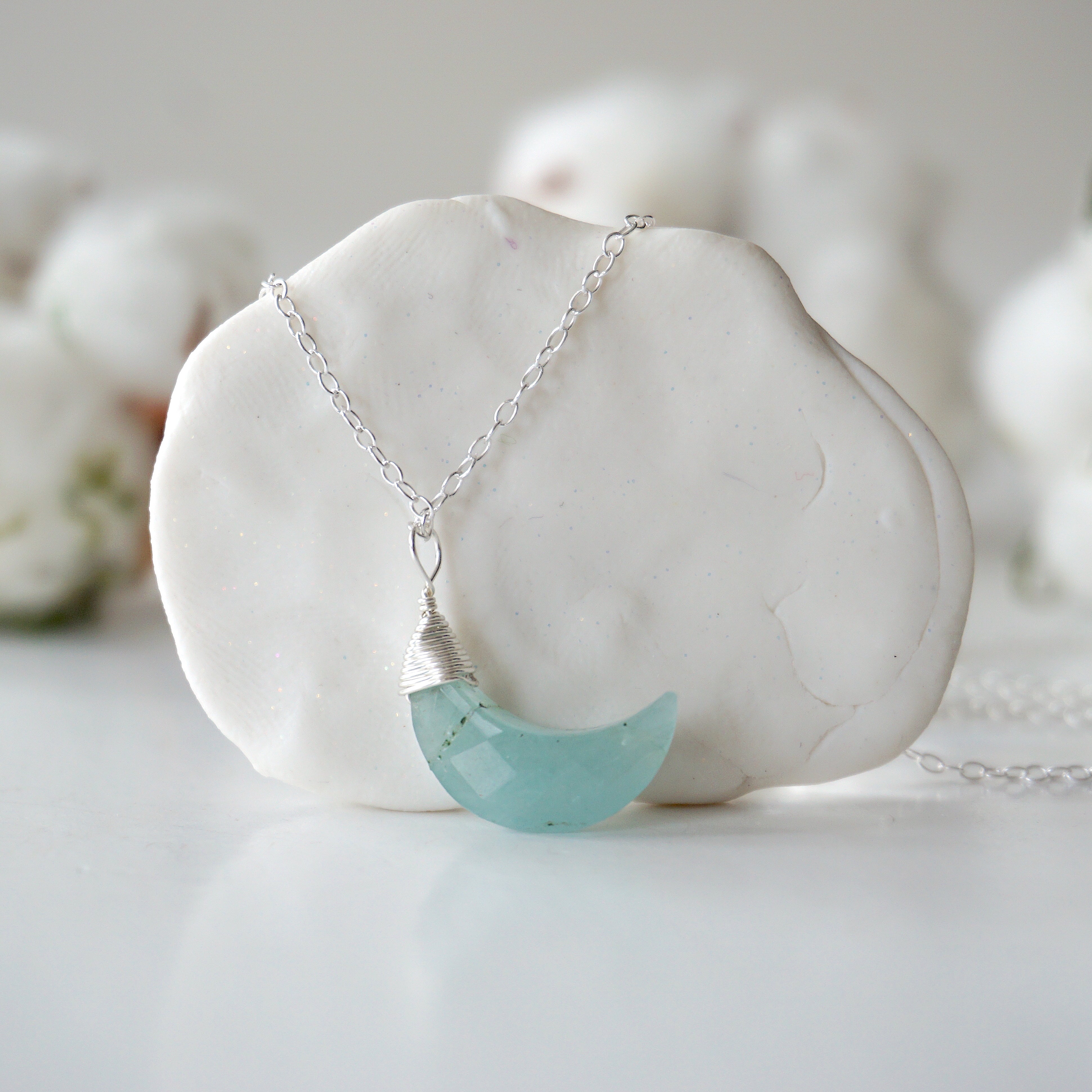 Aquamarine Necklace - Moon Charm Pendant in Sterling Silver for Women | Elegant Jewelry Gift for Birthday, Anniversary & Special Occasions