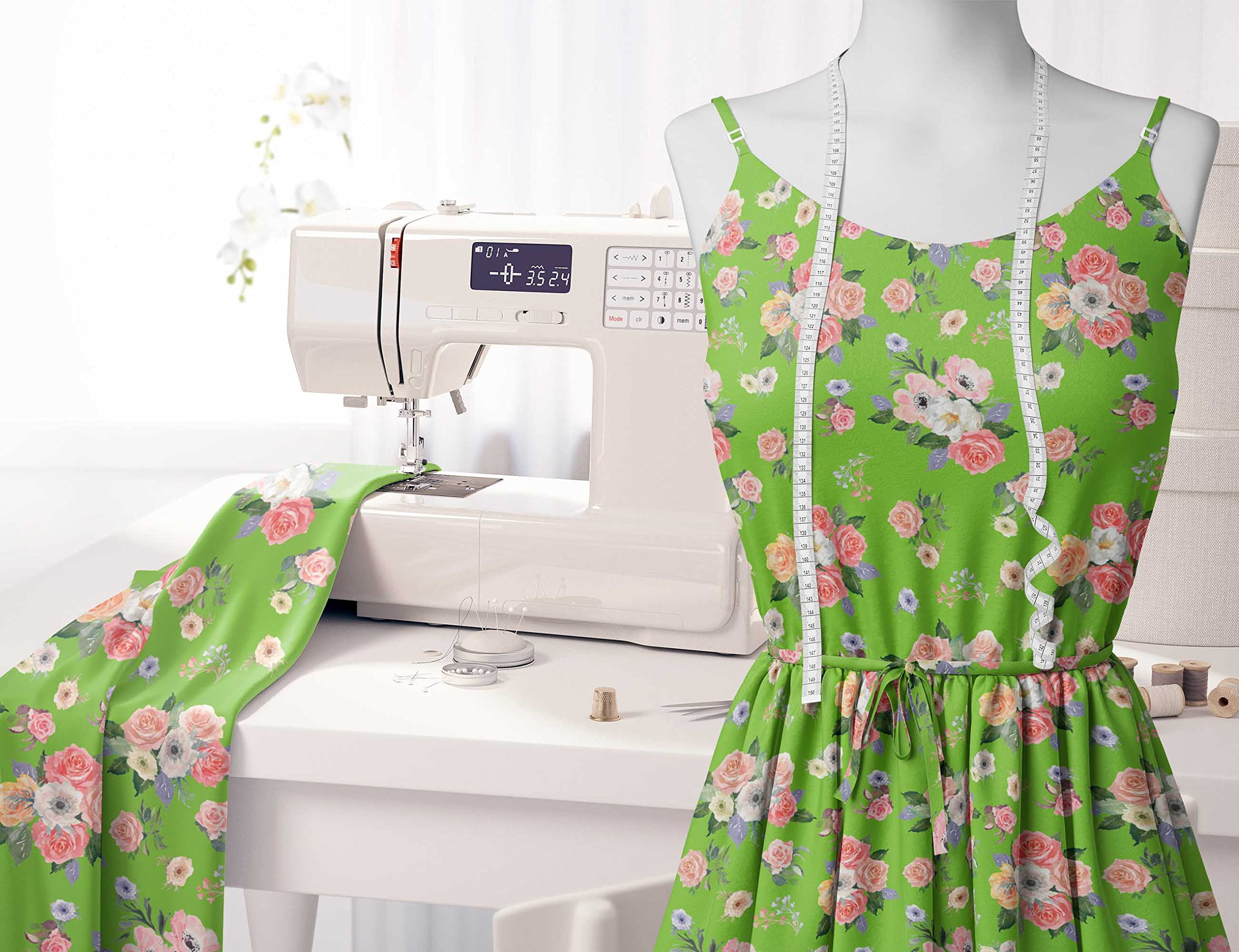 Soimoi Moss Georgette Green Floral Fabric by The Yard - 42 Inch Wide Printed Textile with Anemone & Roses Design for DIY Crafts, Dresses, Curtains & Home Decor