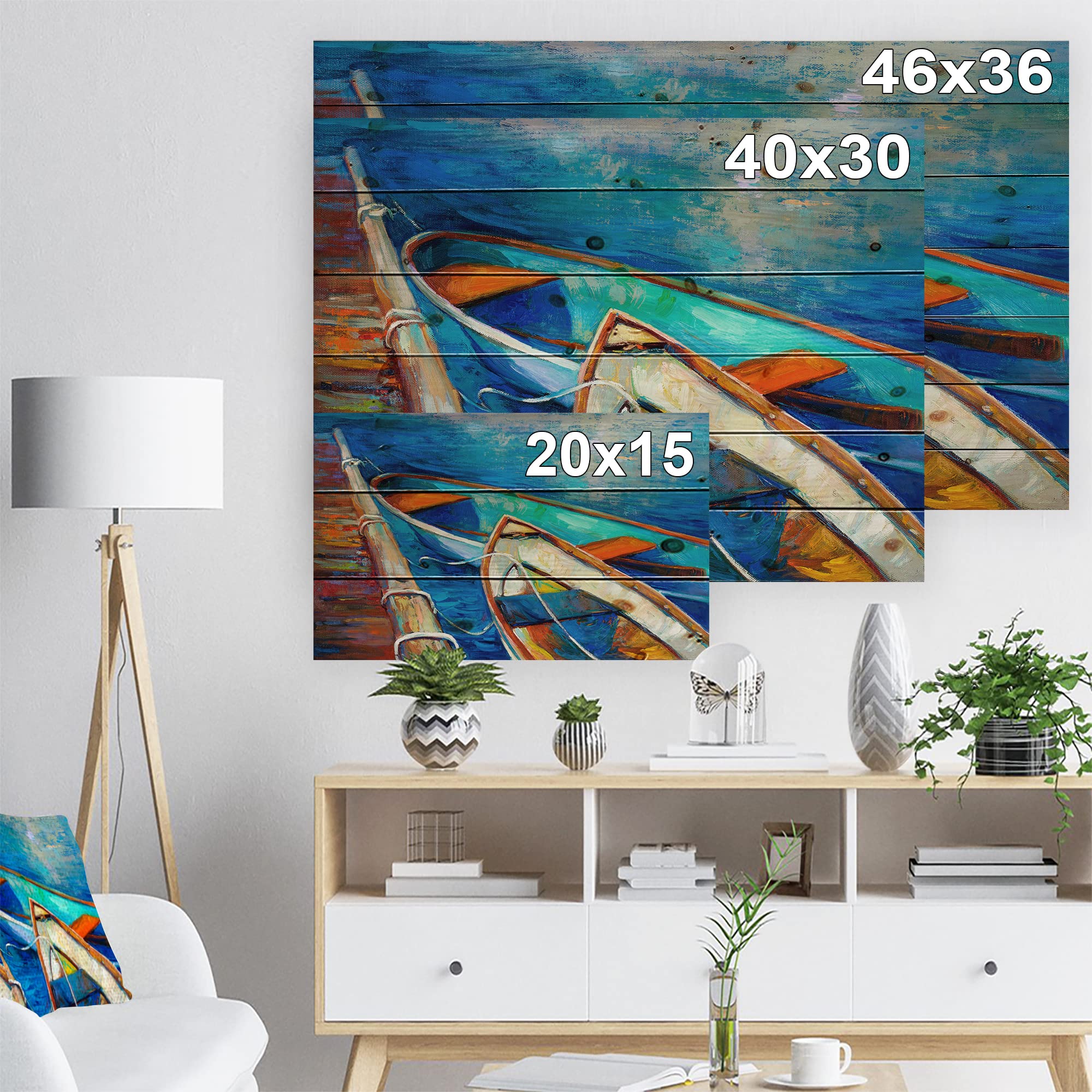Nautical Wood Wall Art - Blue Boats & Pier Coastal Decor, Large Beach Wood Panels Printed on Natural Pine | Perfect for Beach House, Living Room & Office Wall Decor