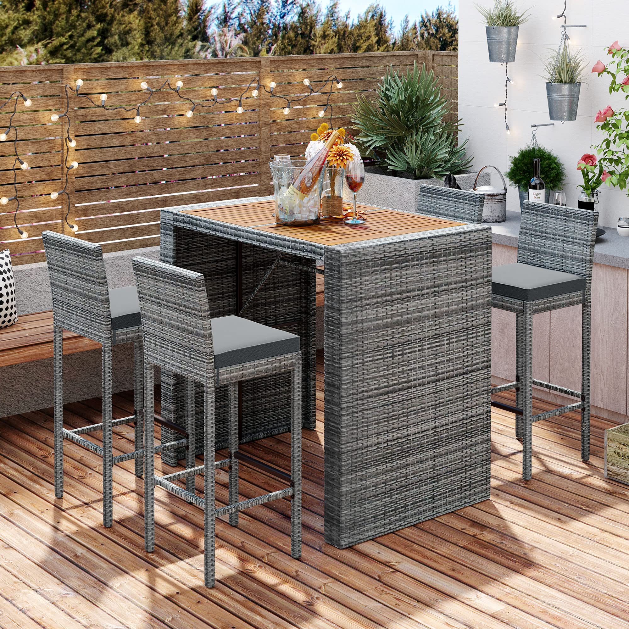 5-Piece Outdoor Patio Rattan Counter Height Dining Set - All-Weather Wicker Bar Table & Chairs with Acacia Wood Table Top & Removable Cushions - Perfect for Backyard, Garden, Poolside & Restaurant Outdoor Seating