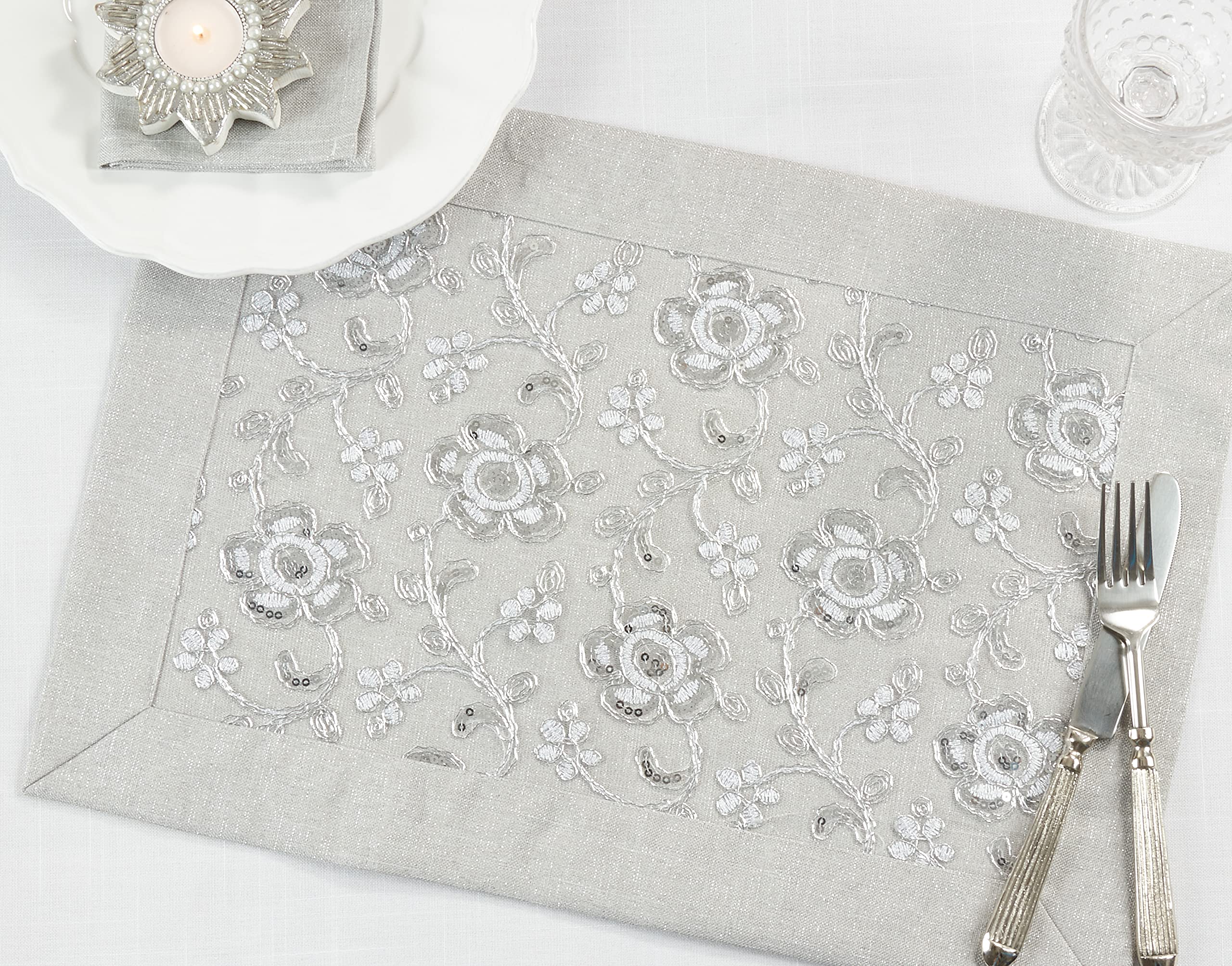 Floral Embroidered Cotton Placemats Set of 4 - Elegant Table Decor for Dining Room, Kitchen, and Special Occasions