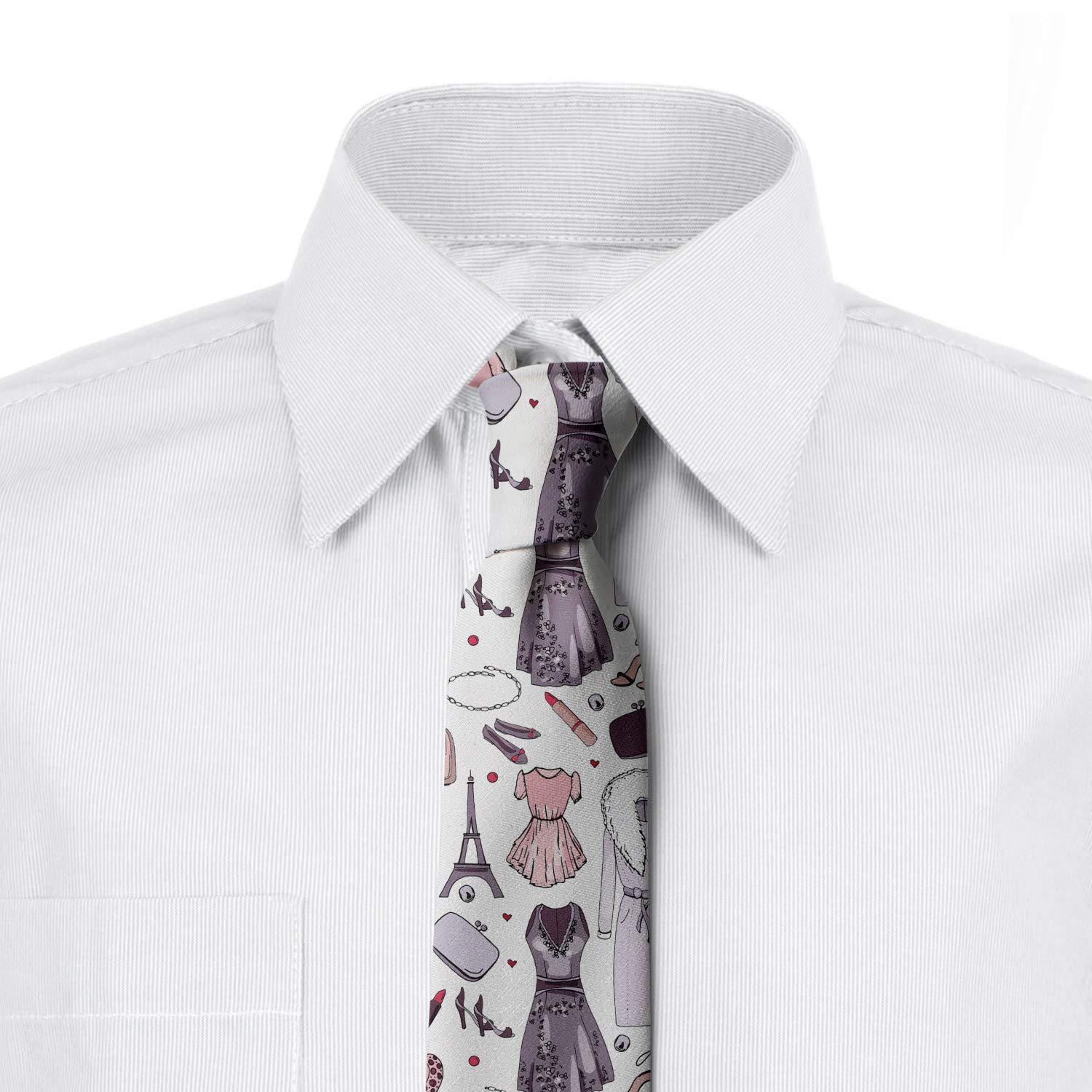 Ambesonne Modern Necktie for Women - Feminine Fashion Accessory with Dress, Earrings & Heels Design - 3.7 Inch Pastel Purple & Pink Necktie - Perfect for Office, Parties & Special Occasions