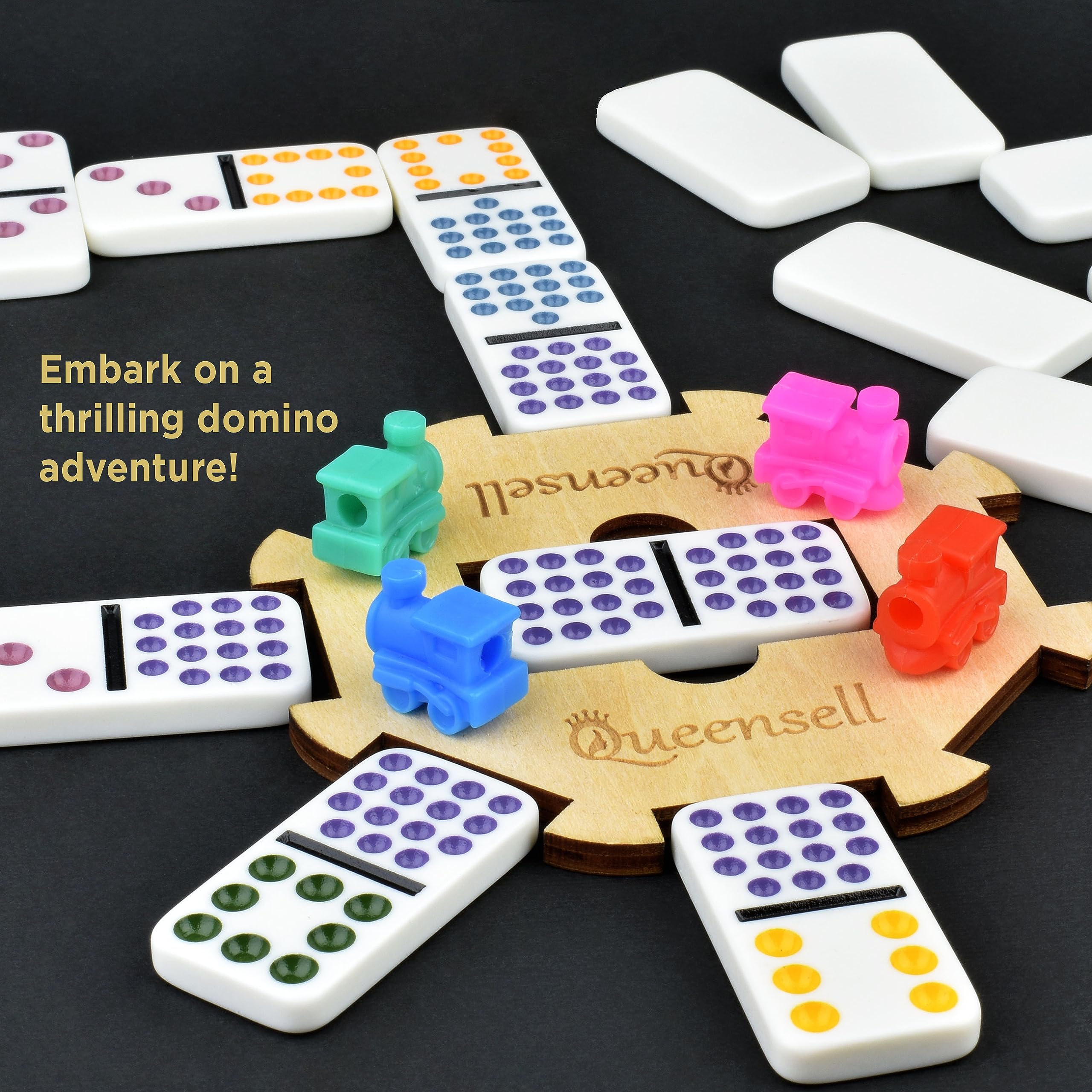 Queensell Mexican Train Dominoes Set Double 15 - 136 Color Dot Tiles with 9 Trains & Wooden Hub in Aluminum Case - Family Board Game for Adults & Kids | Perfect for Game Nights, Parties & Travel
