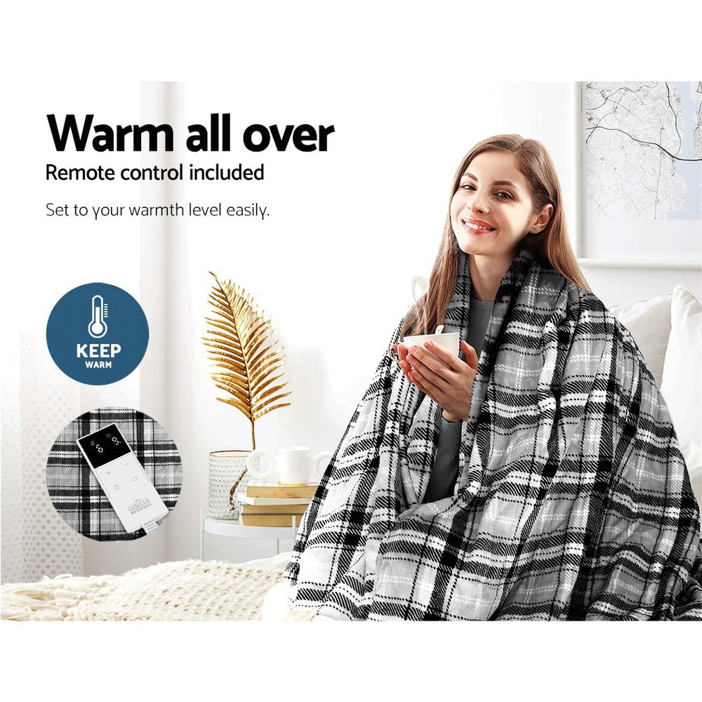 Electric Heated Throw Blanket - Soft Flannel Snuggle Rug, Machine Washable, Grey & White Checkered Plaid - Perfect for Cozy Nights, Living Room Lounging & Winter Warmth