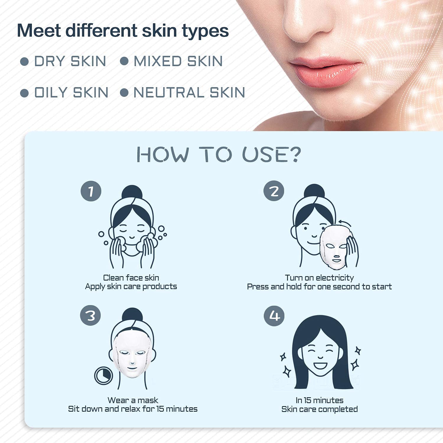 LED Facial Light Therapy Mask - 7 Color Photon Skin Care Mask with Blue & Red Light for Acne Treatment - Rejuvenating Face and Neck Mask for Anti-Aging & Wrinkle Reduction | Perfect for Home Spa, Skincare Routine & Professional Dermatology Use