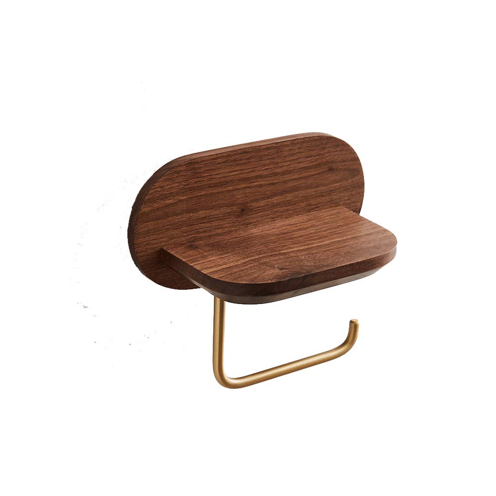 AOTAKE QA 11.8 Inch Wooden Toilet Paper Holder with Solid Brass Phone Shelf - Wall Mounted Bathroom Storage Rack for Toilet Paper Rolls and Smartphones - Perfect for Small Bathrooms, Powder Rooms, and Modern Home Decor