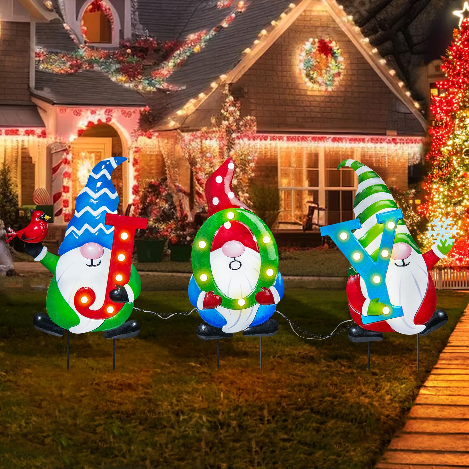 3 Pack Christmas Yard Stakes with Battery Powered Lights - Waterproof Outdoor Gnome Decorations for Lawn, Garden & Holiday Parties | Joyful Xmas Metal Signs for Home & Yard Decor