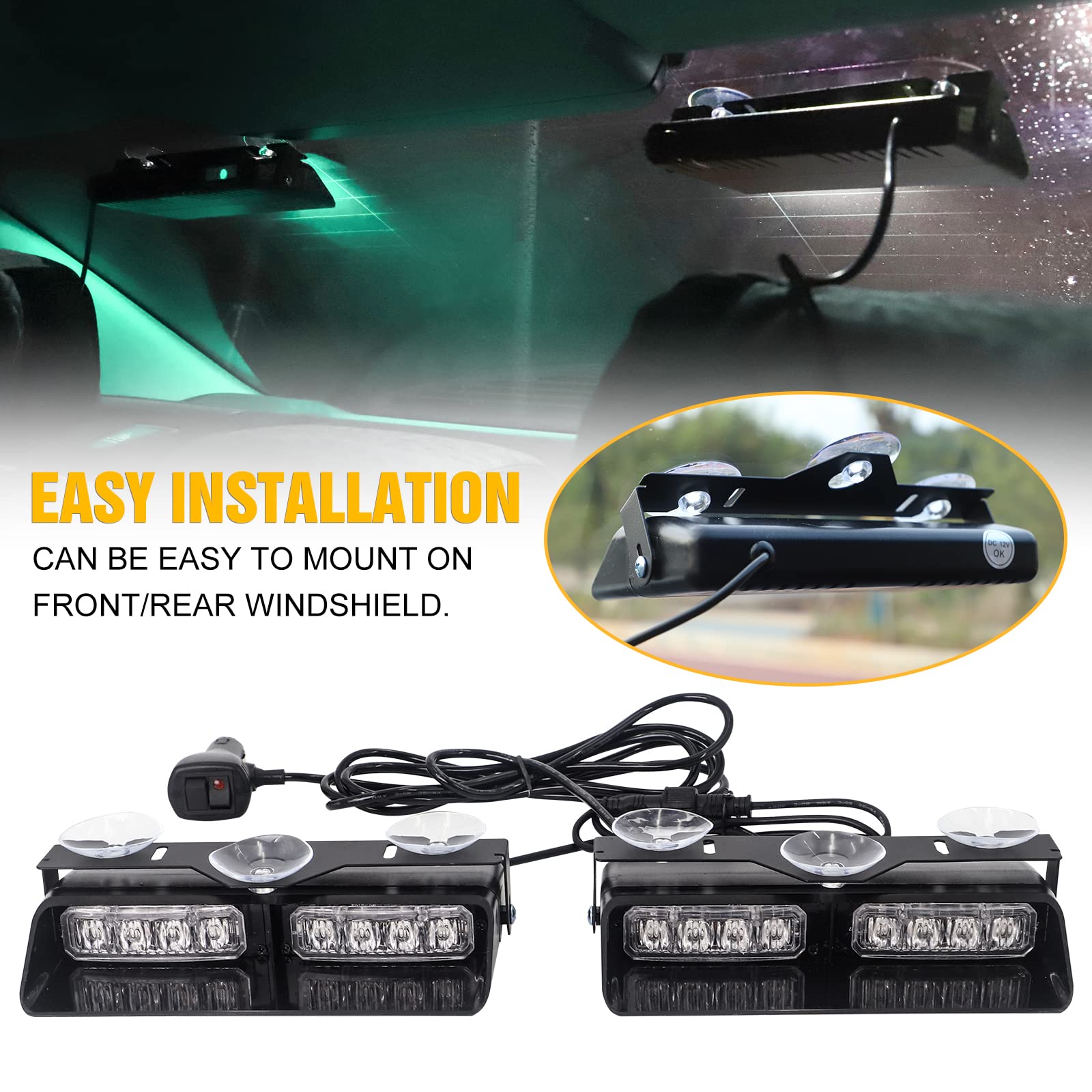 XRIDONSEN 2-in-1 Green & White Emergency Strobe Lights - 16 LED Flashing Warning Lights with Suction Cups for Trucks, Construction Vehicles (7.16x2 Inch) - Ideal for Roadside Emergencies, Hazard Visibility & Vehicle Safety