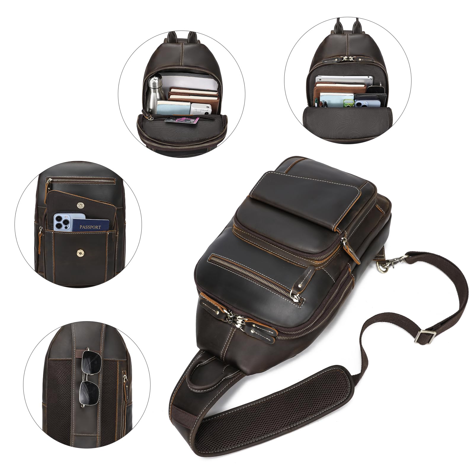 LANNSYNE Genuine Full Grain Leather Crossbody Sling Bag for Men - Durable Casual Chest Bag for Hiking, Travel & Business - Fits 12.9