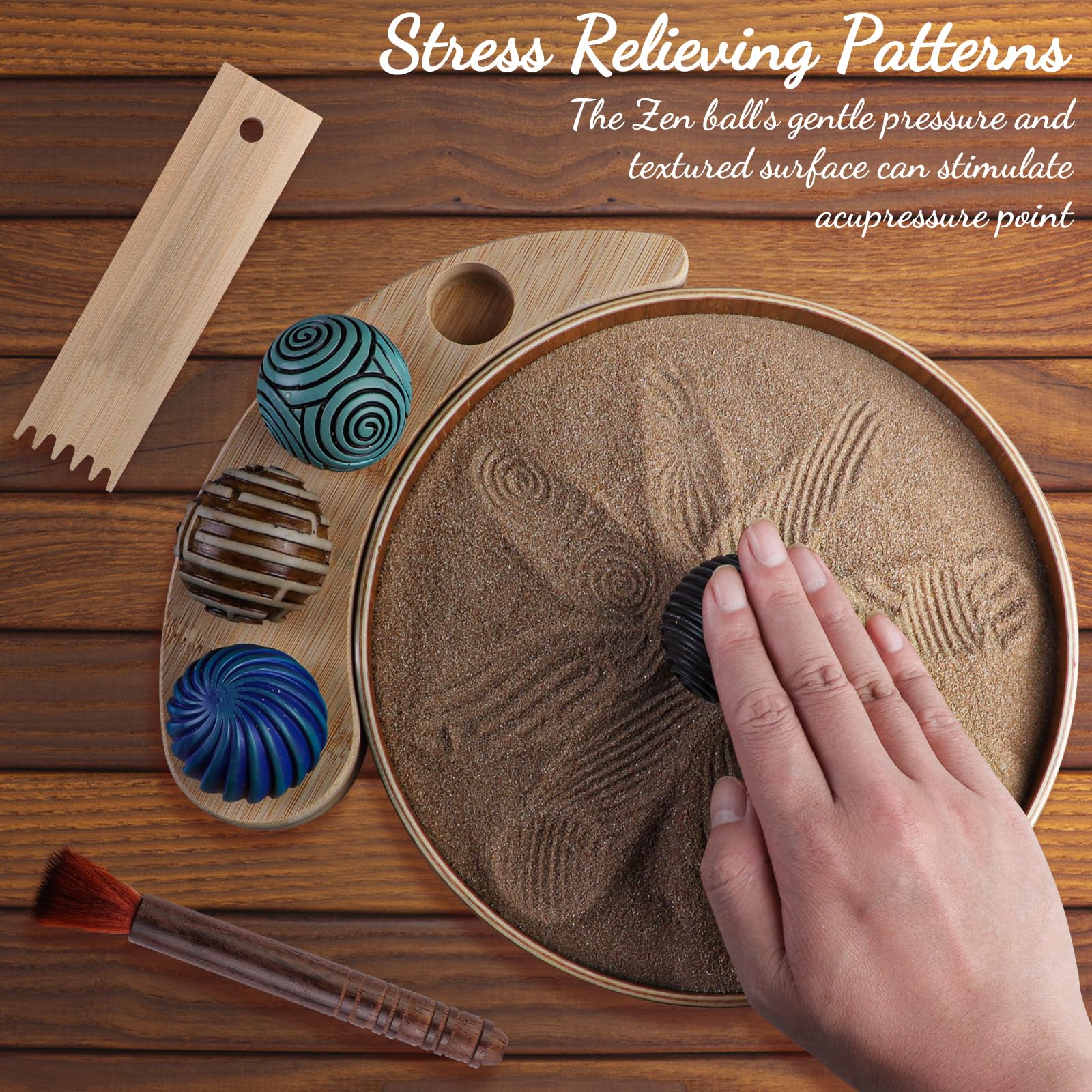 Melonva Mini Zen Garden for Desk - 9.5''x9.5'' Automatic Sand Tray with Bamboo Rake & 4 Stamp Spheres - Stress Relief Office Decor, Meditation Room Accessory - Perfect for Work Desks, Home Decor & Mindfulness Practice