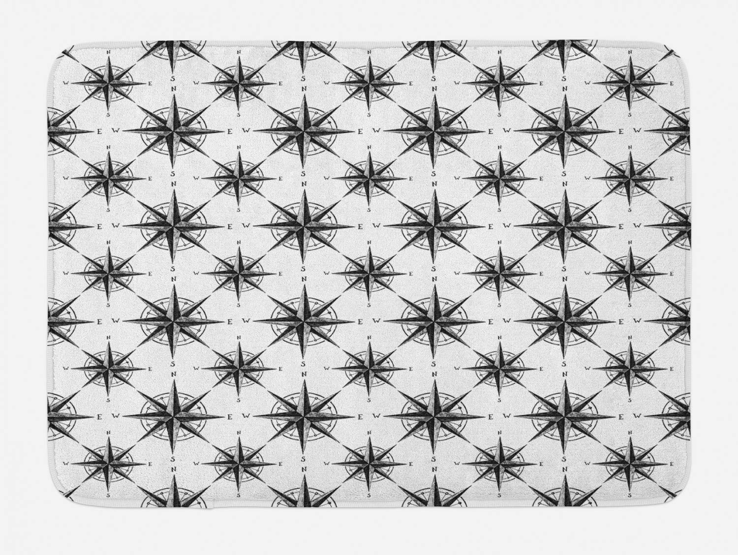 Ambesonne Compass Bath Mat - Non-Slip Plush Bathroom Rug with Black & White Sketch Windrose Design, 30.2 x 20 Inches | Perfect for Nautical Themed Bathrooms, Coastal Home Decor & Adventure-Loving Travelers