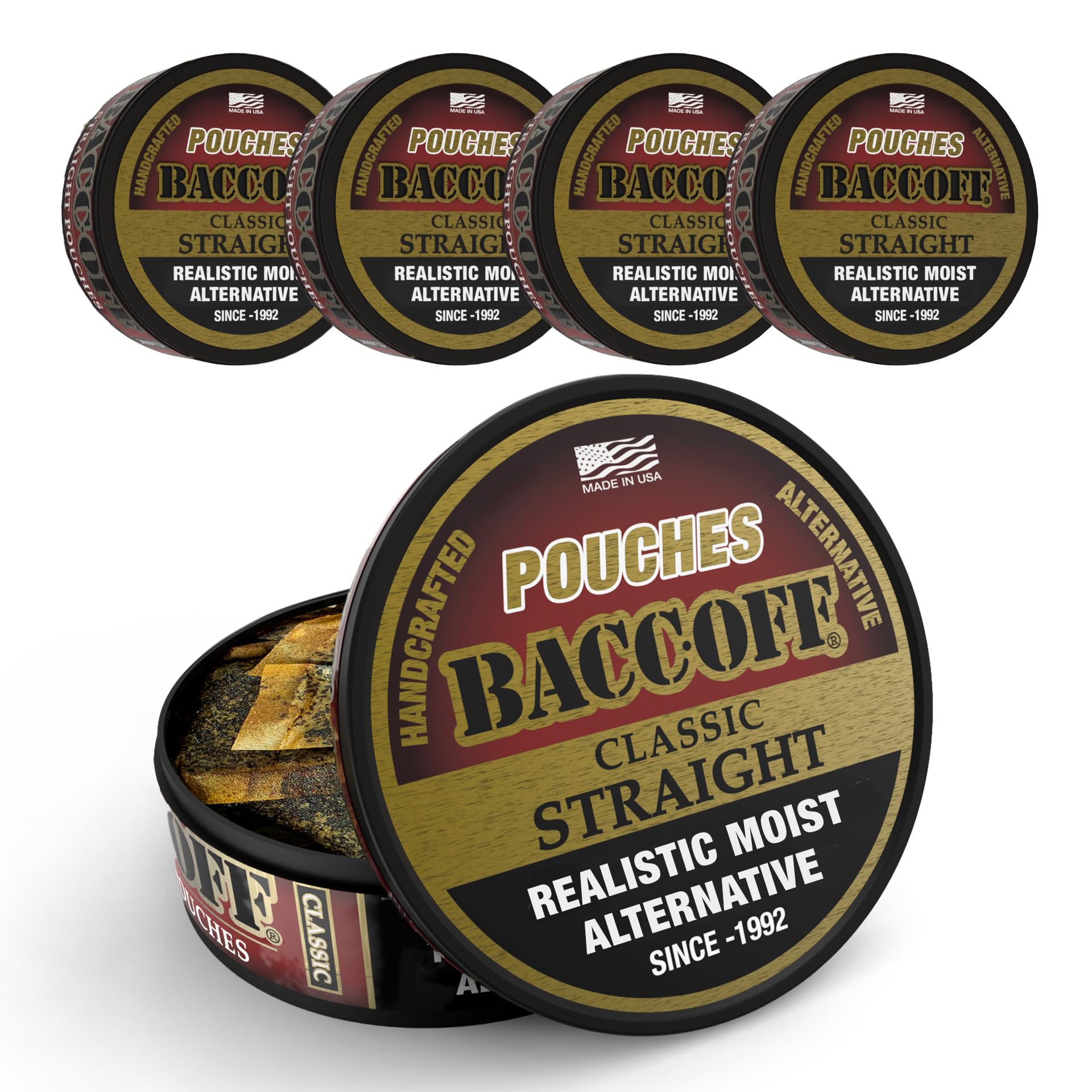 5 Cans BaccOff Classic Straight Pouches - Tobacco Free & Nicotine Free Snuff Alternative | Premium Smokeless Tobacco Substitute for Work, Travel & Social Occasions