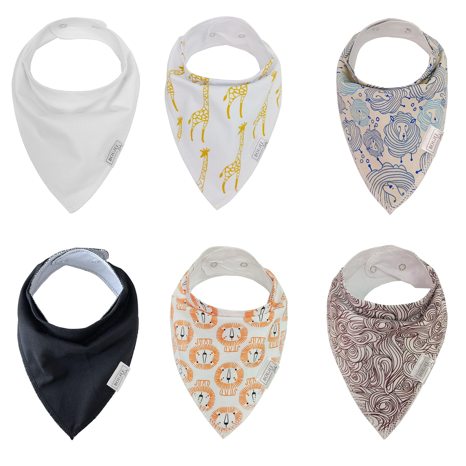BOUJEE Baby 100% Cotton Adjustable Drool Bibs - Ultra Absorbent, Soft & Flexible for Newborns & Toddlers - Machine Washable, Pack of 6 - Perfect for Feeding, Teething & Messy Playtime