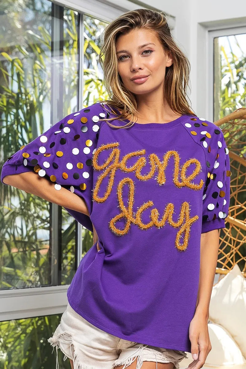 BiBi Game Day Metallic Letter Spangle Sleeve Top - Stylish Women's Party Blouse for Football Games, Concerts & Night Out
