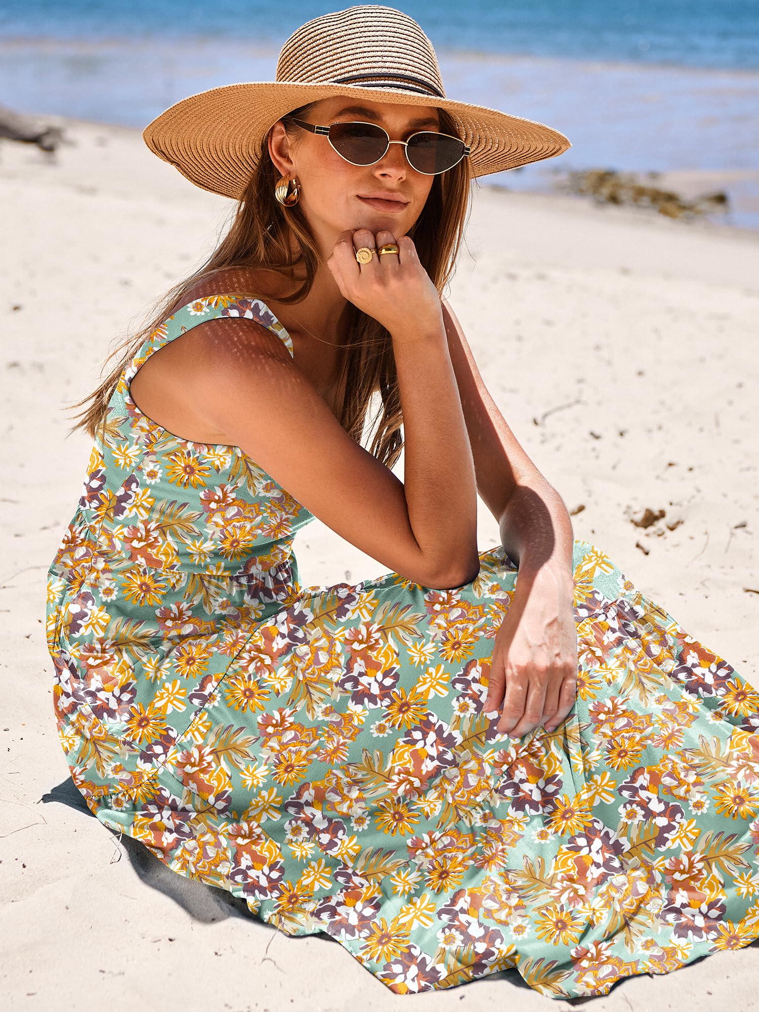 ANRABESS Women's Summer Maxi Dress - Sleeveless Square Neck Flowy Tiered Sun Dress with Pockets for Beach Vacation, Casual Outings, and Outdoor Events