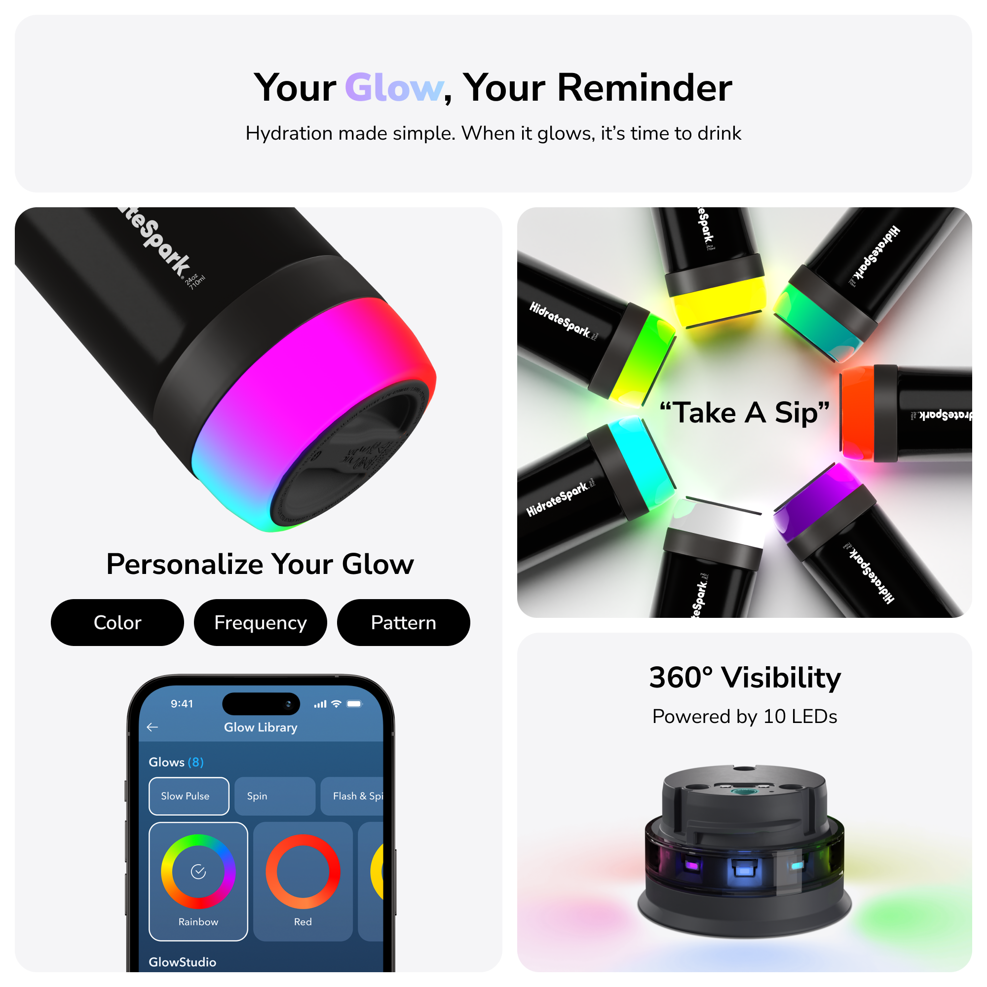 HidrateSpark PRO Smart Water Bottle - 24 oz Leak-Proof & Insulated with LED Glow Reminder - Perfect for Gym, Hiking, Office & Daily Hydration Tracking