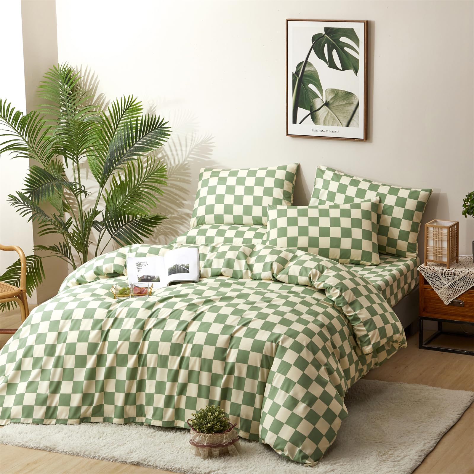 CLOTHKNOW Green White Plaid Comforter Set Twin 3Pcs - Soft Grid Bedding Set with Buffalo Check Pattern - Perfect for Kids' Rooms, Dorms & Cozy Bedrooms