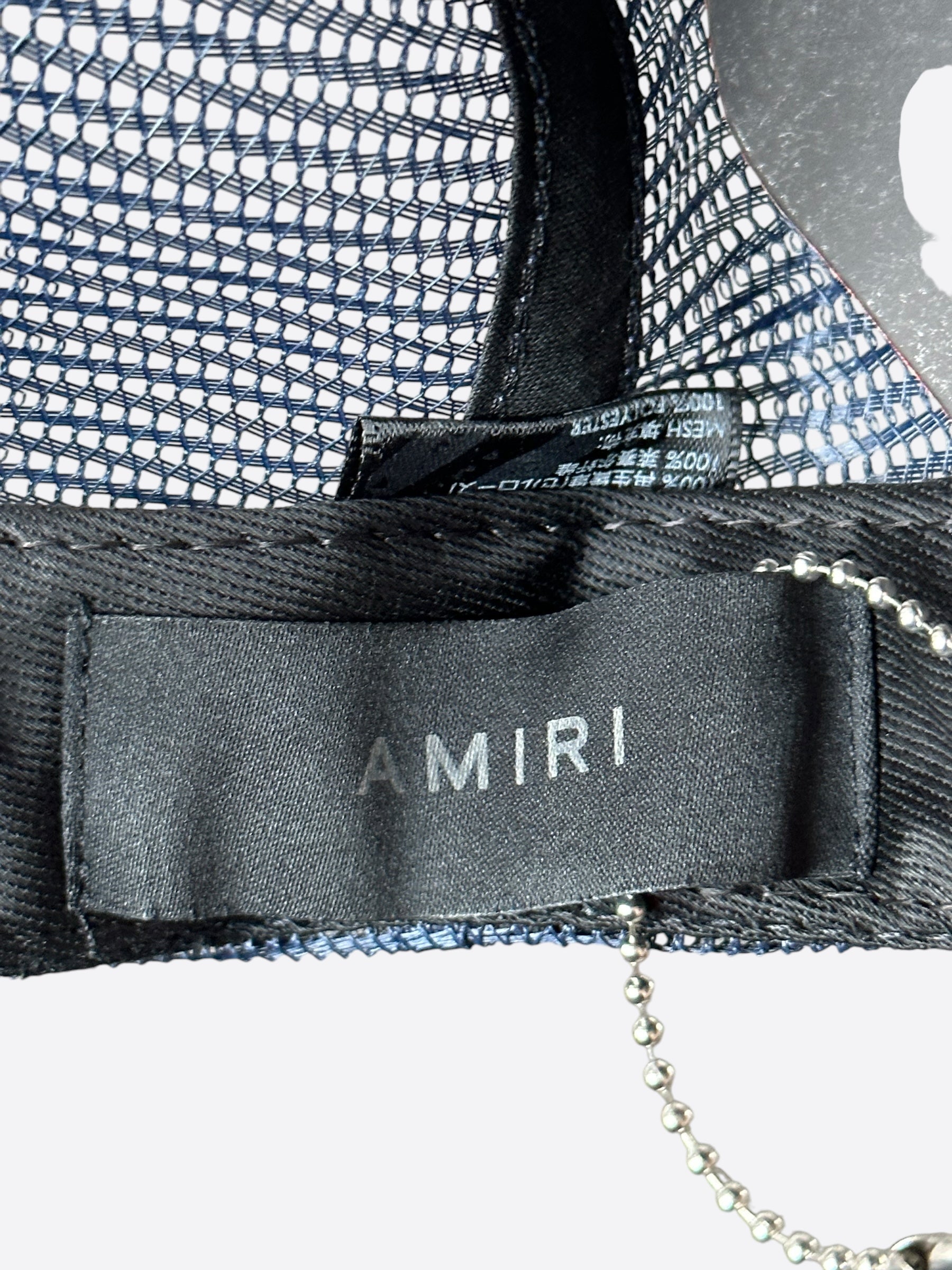 Amiri Blue & White Script Logo Trucker Hat - Stylish Baseball Cap for Men & Women - Perfect for Streetwear, Casual Outfits & Outdoor Activities