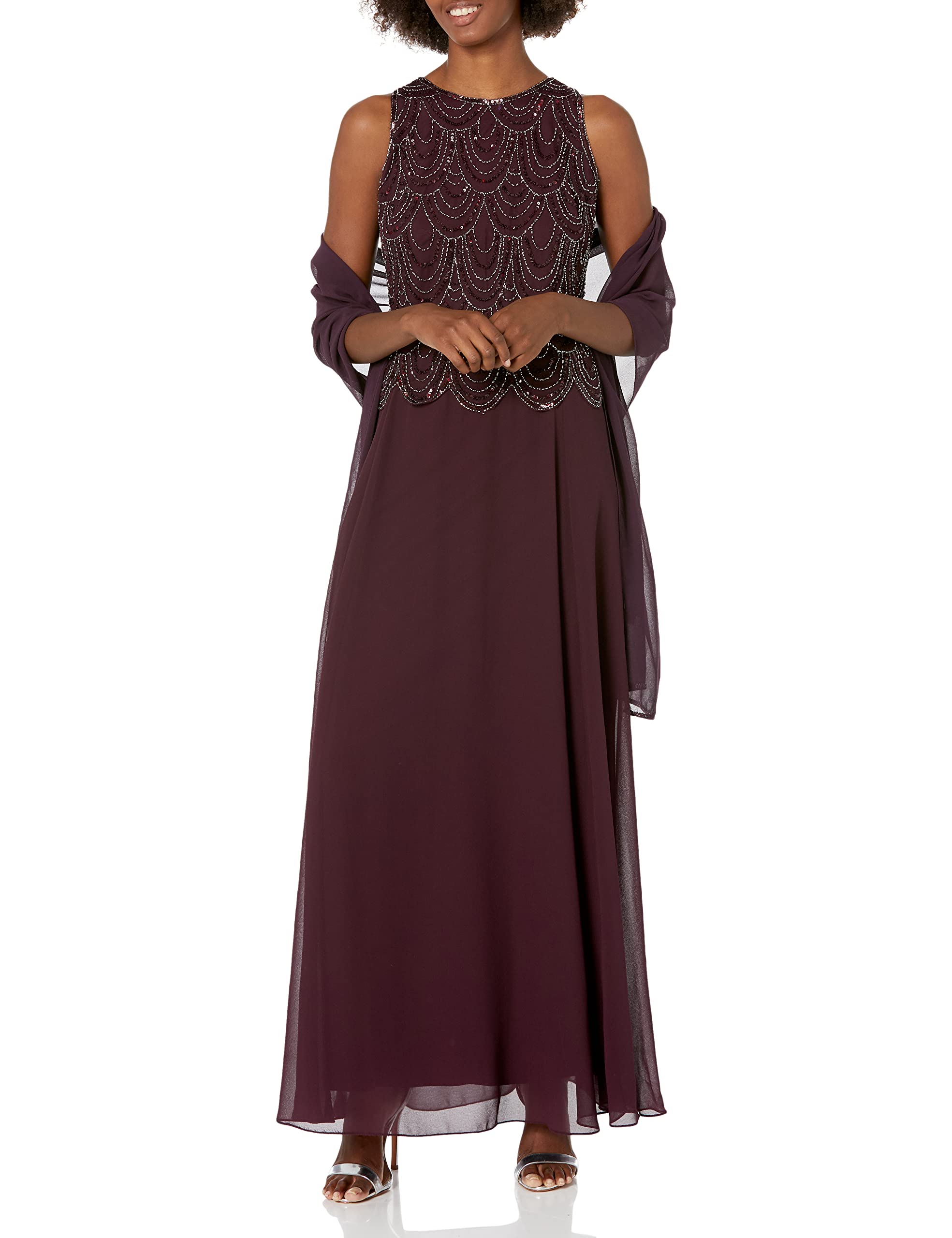 J Kara Women's Sleeveless Beaded Pop Over Dress with Scarf - Elegant Summer Casual Dress for Beach, Party & Special Occasions