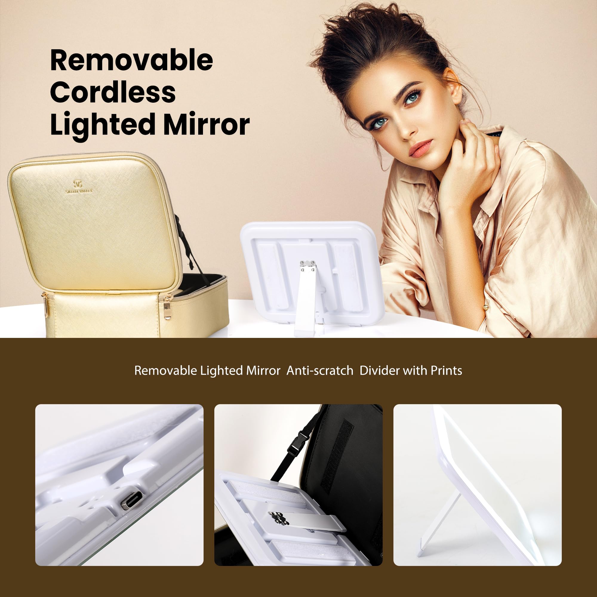 Silent Valley Professional Makeup Train Case with LED Light-Up Mirror - Portable Cosmetic Organizer for Travel, Adjustable Dividers, Waterproof Gold Makeup Brush Storage - Perfect for Makeup Artists & Travelers
