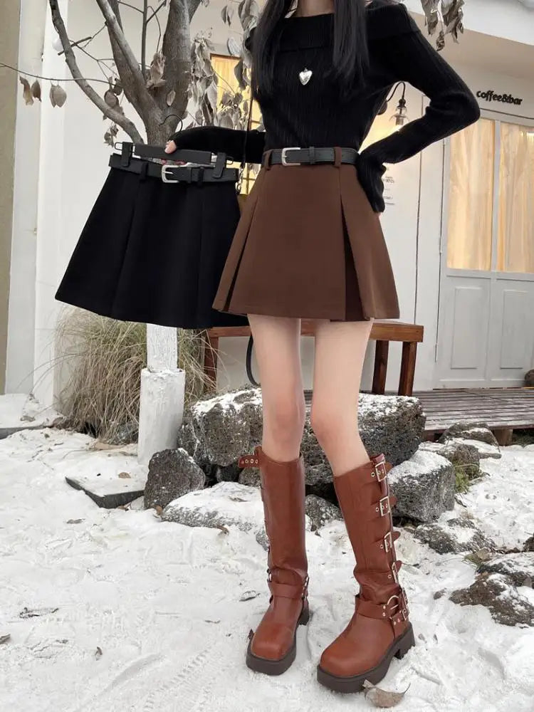 Women's Black Wool Mini Skirt - A-Line Wrap Hip Short Skirt for Autumn Winter | Korean Harajuku Fashion Thick Pleated Skirt | Perfect for Parties, Dating & Casual Outfits