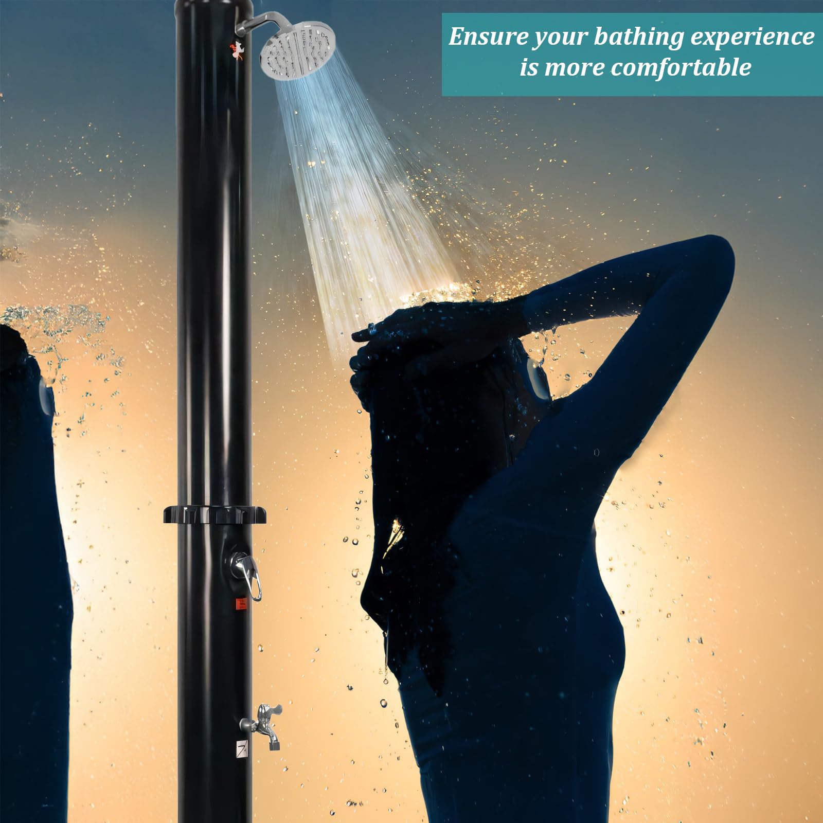 7 FT Outdoor Solar Heated Shower - 9.3 Gallon Portable Camping Shower with Adjustable Shower Head & Foot Tap - Perfect for Beach, Poolside, Backyard, RV & Camping - Black Style 2