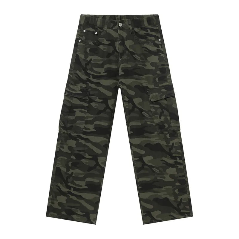 American Style Men's Denim Pants - Camouflage Print with Big Pockets, Straight Wide Leg Loose Fit Jeans for Casual Wear (Model 9C7508) | Perfect for Outdoor Adventures and Street Fashion