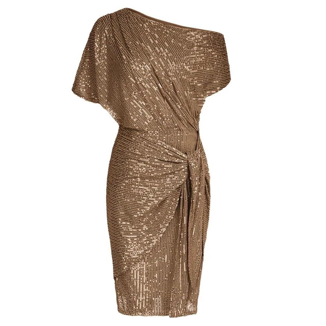 Women's Sequined Cocktail Party Dress - Summer Short Sleeve Ruched Bodycon Dress with Asymmetric Shoulder for Night Out, Club, Wedding Guest & Special Occasions