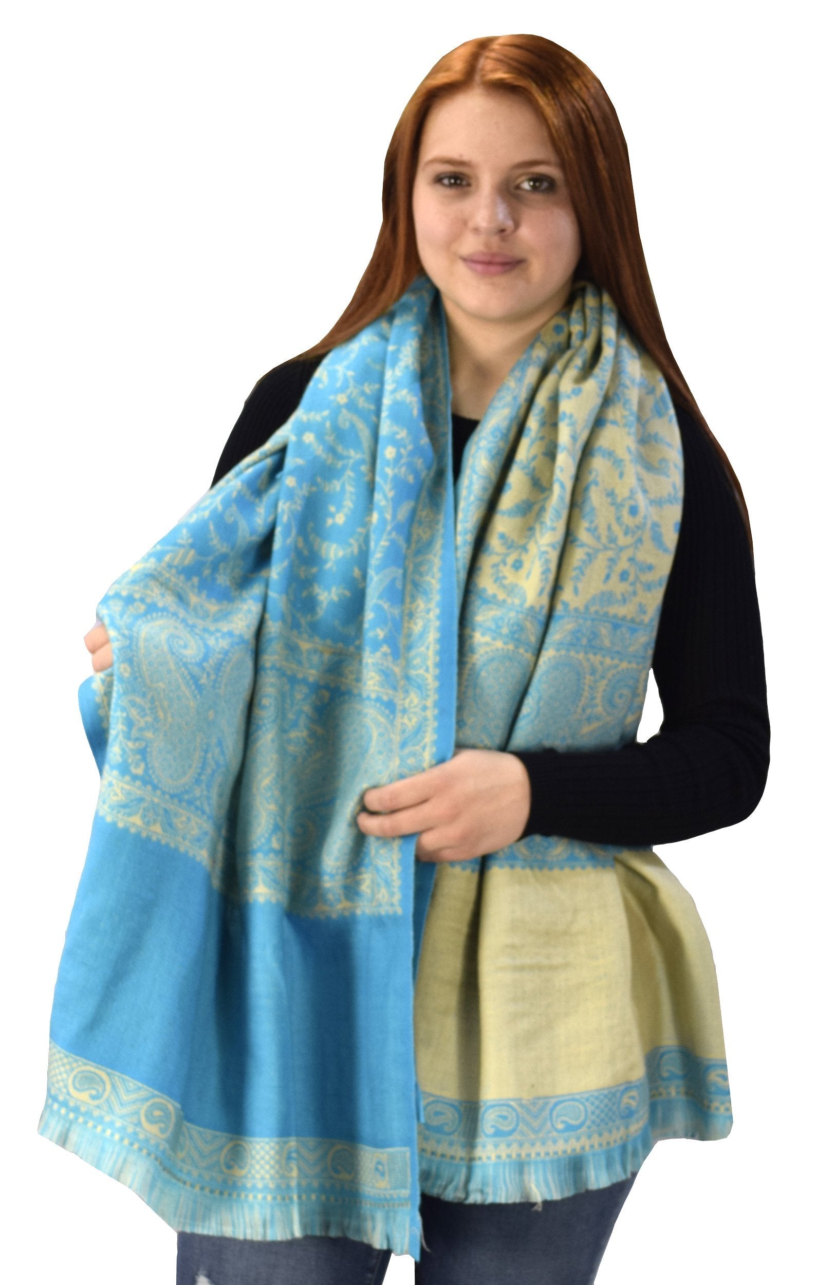 Turquoise and Tan Reversible Paisley Pashmina Scarf - 4-Ply Thick Warm Winter Shawl Wrap for Women, Perfect for Travel, Office, and Outdoor Activities