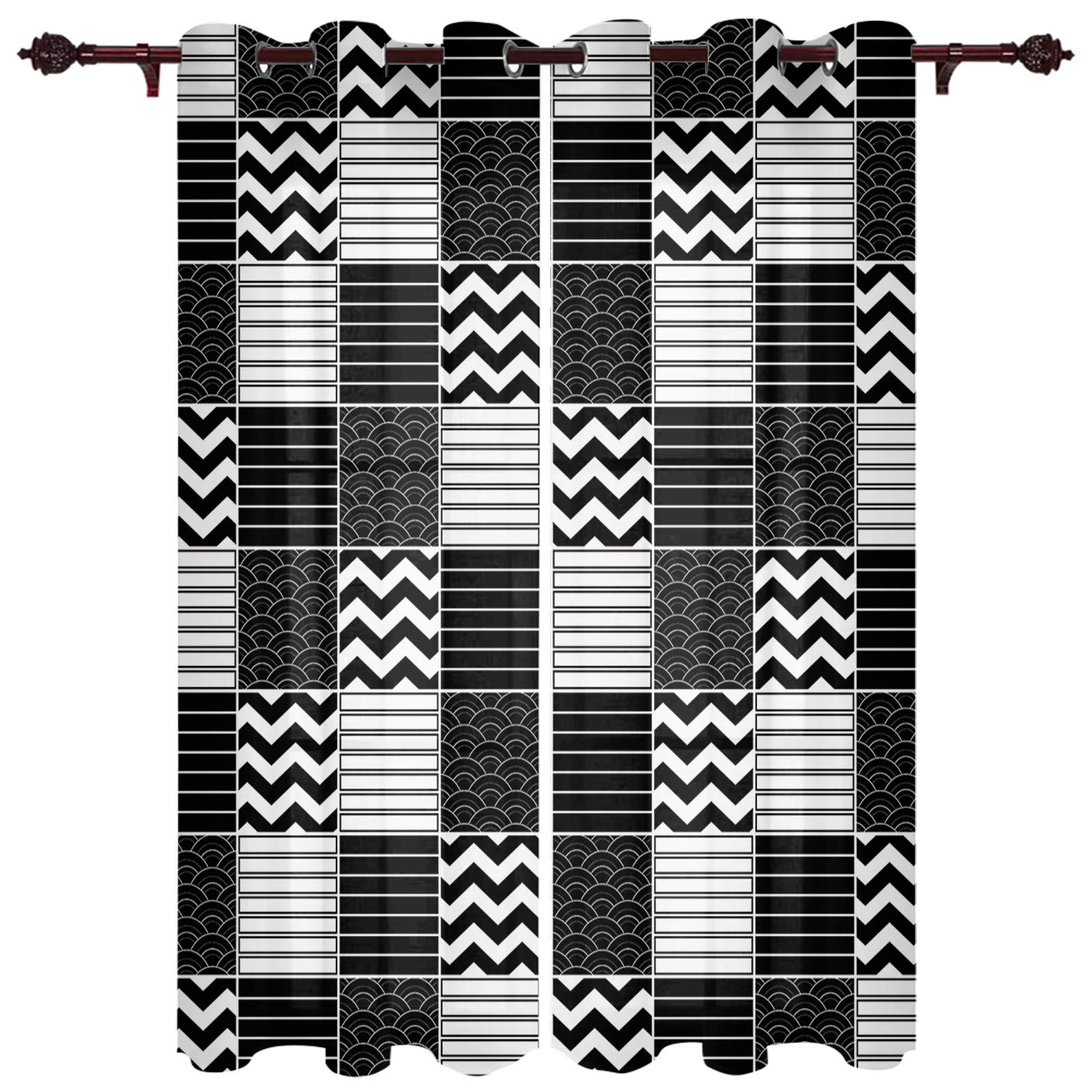 Japanese Style Chevron Zigzag Stripes Sheer Curtains - 2 Panels Grommet Window Treatment for Kitchen, Living Room, Bedroom & Patio - 84 Inch Length Light Filtering Drapes for Sliding Glass Doors & Windows (Home Decor, Sun Protection, Privacy)